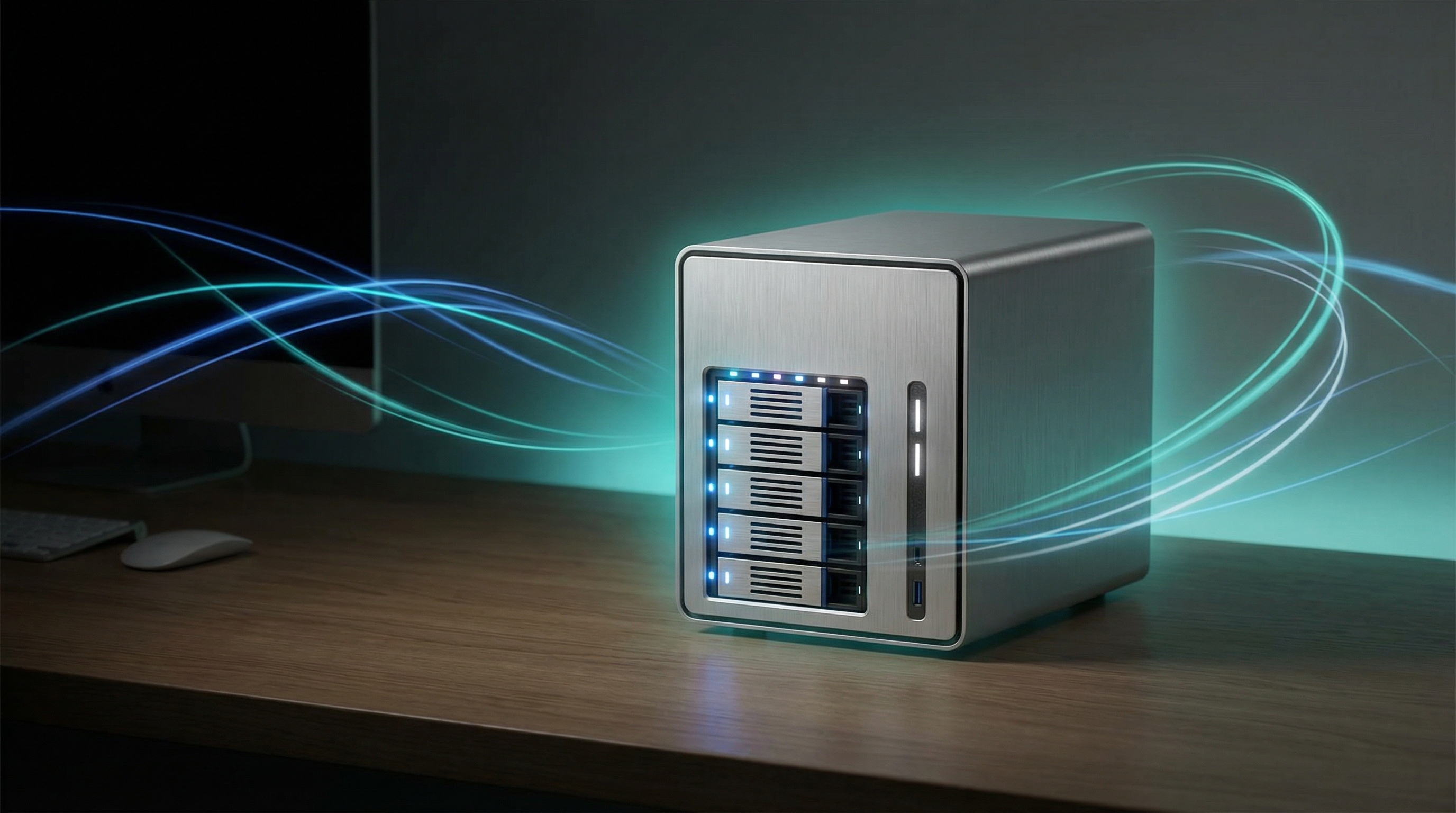 Modern home NAS server with glowing activity LEDs in a minimalist home office