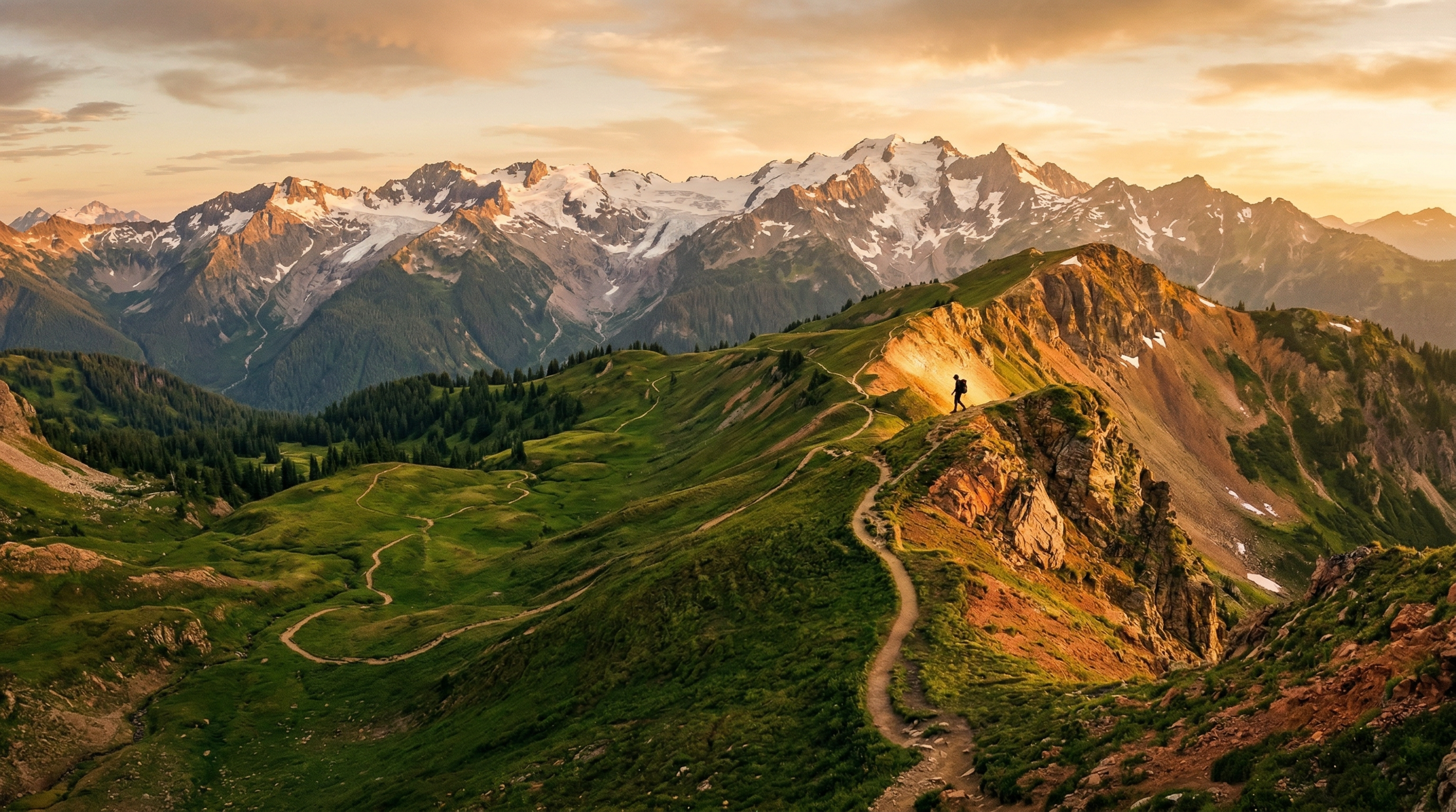 Sweeping mountain trail winding through alpine meadows at golden hour