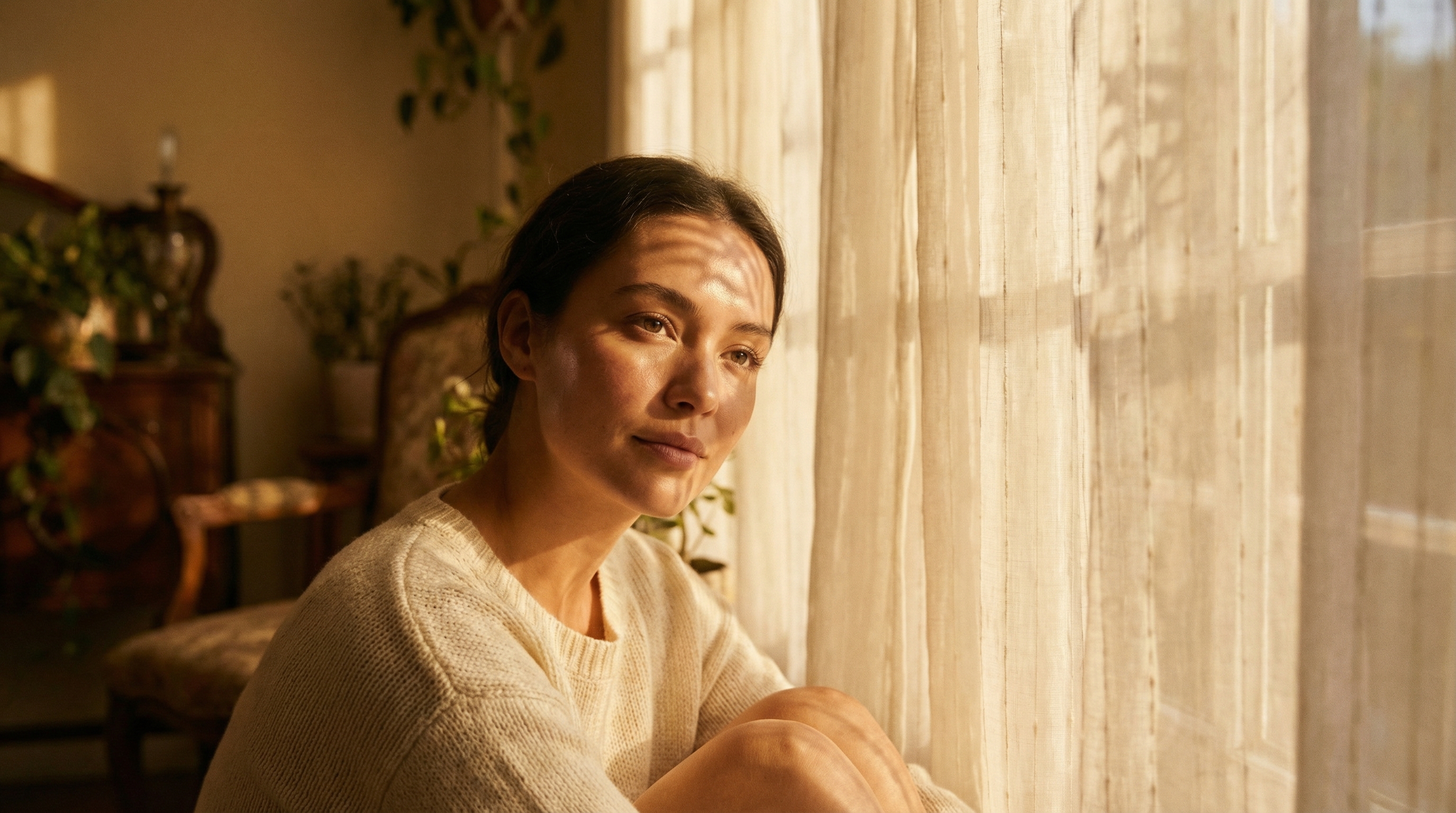 Woman bathed in soft natural window light with warm golden tones
