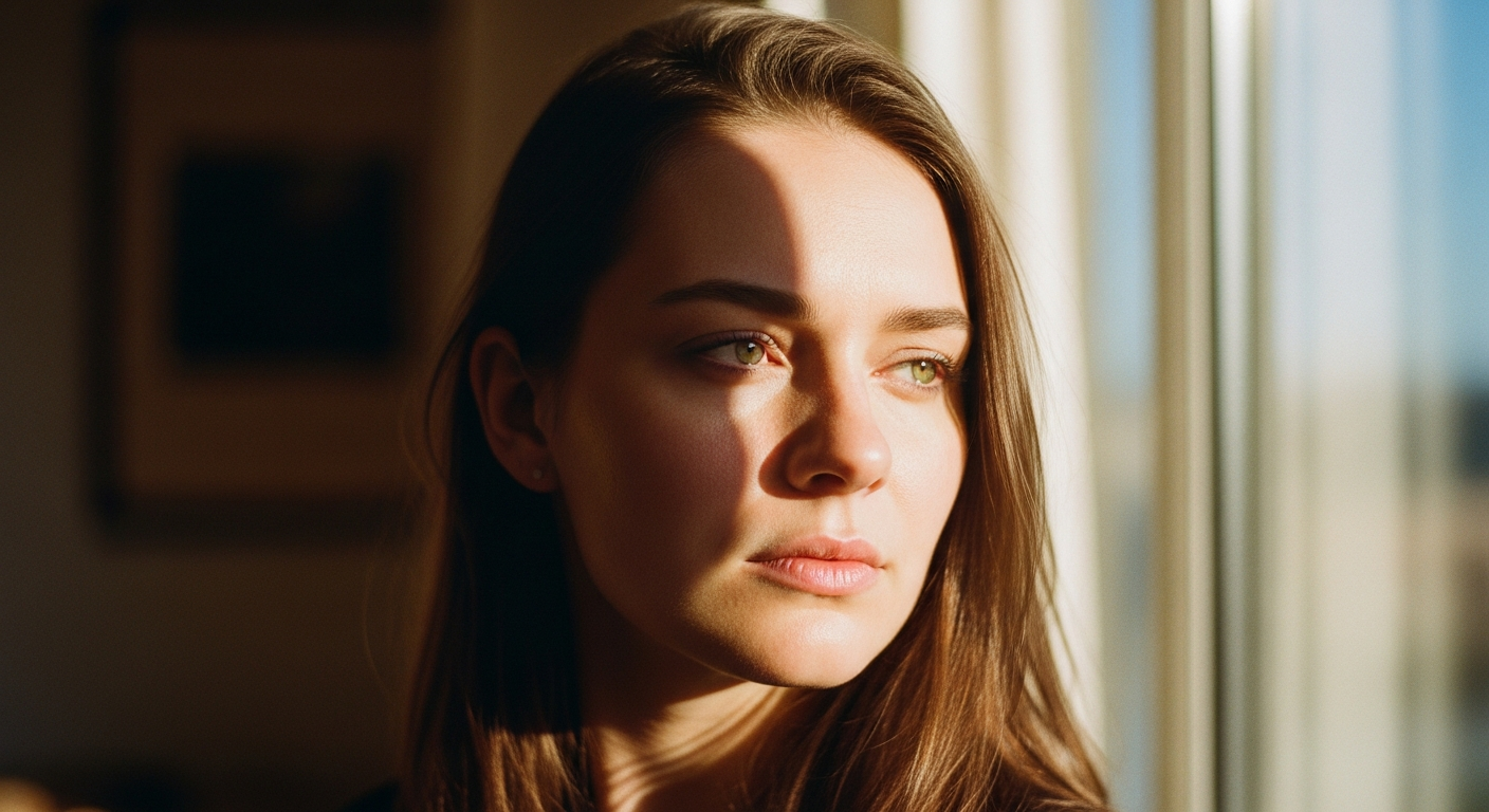 Woman in soft window light, editorial portrait style