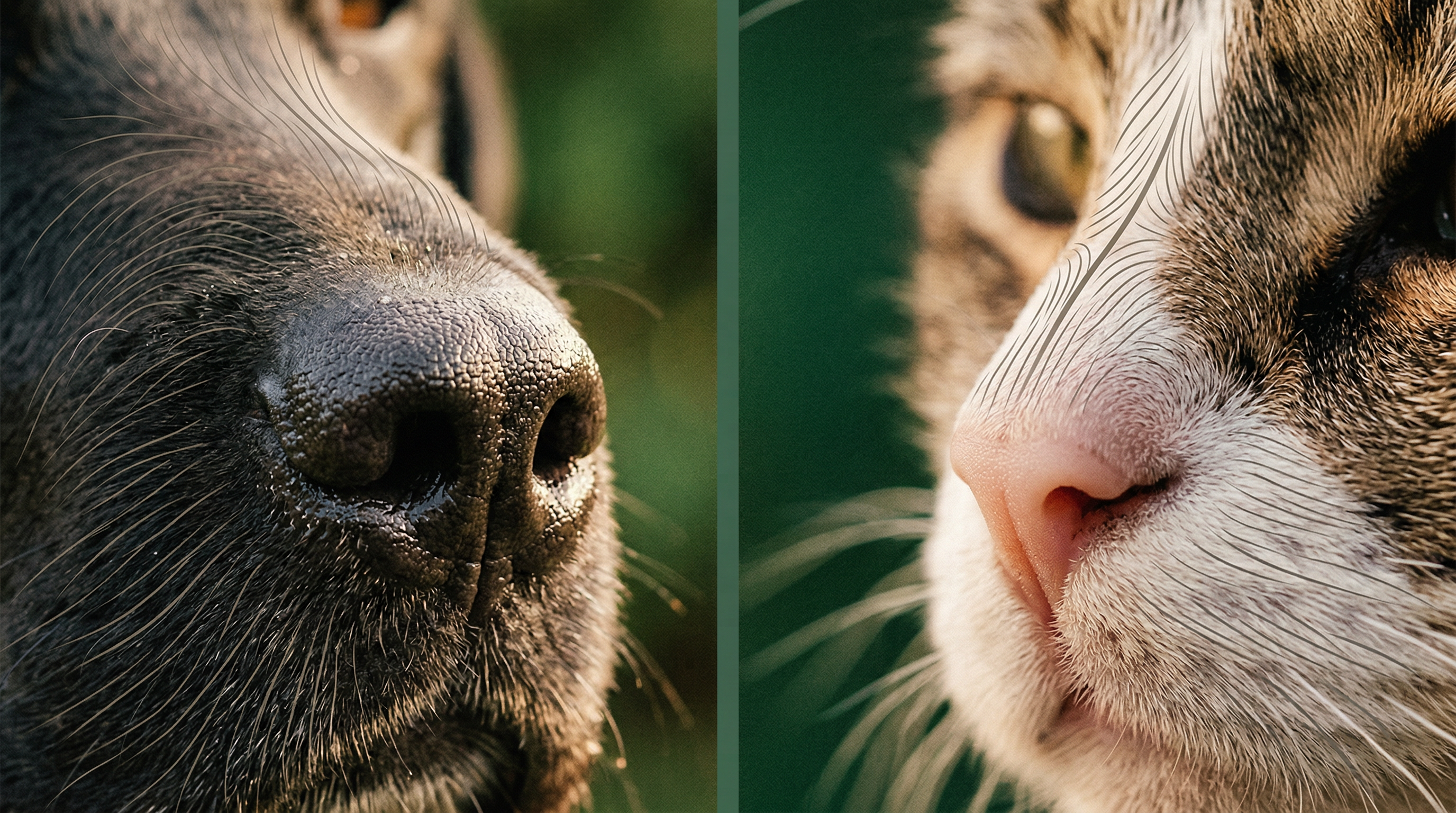 Split close-up comparison of a dog's nose and a cat's nose showing contrasting fur growth directions