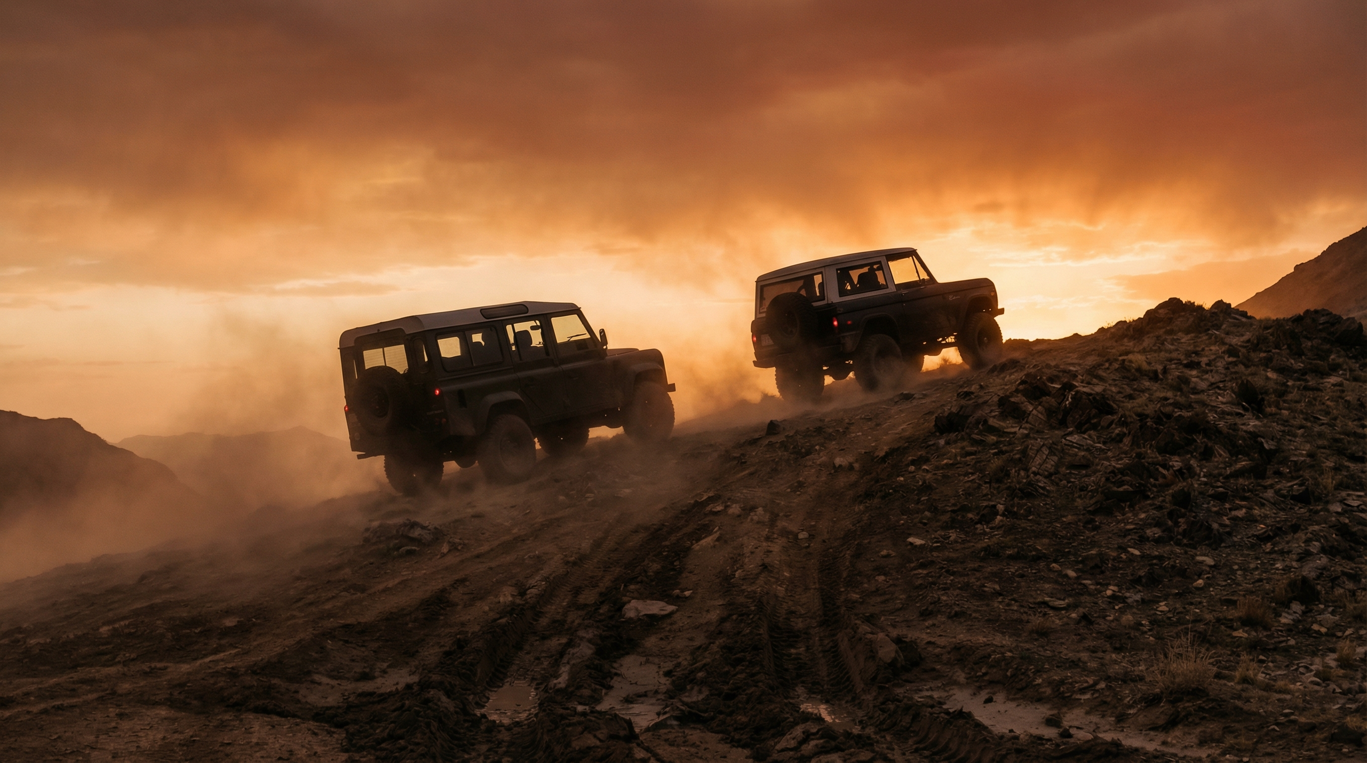 Off-road SUVs conquering mountain terrain at golden hour
