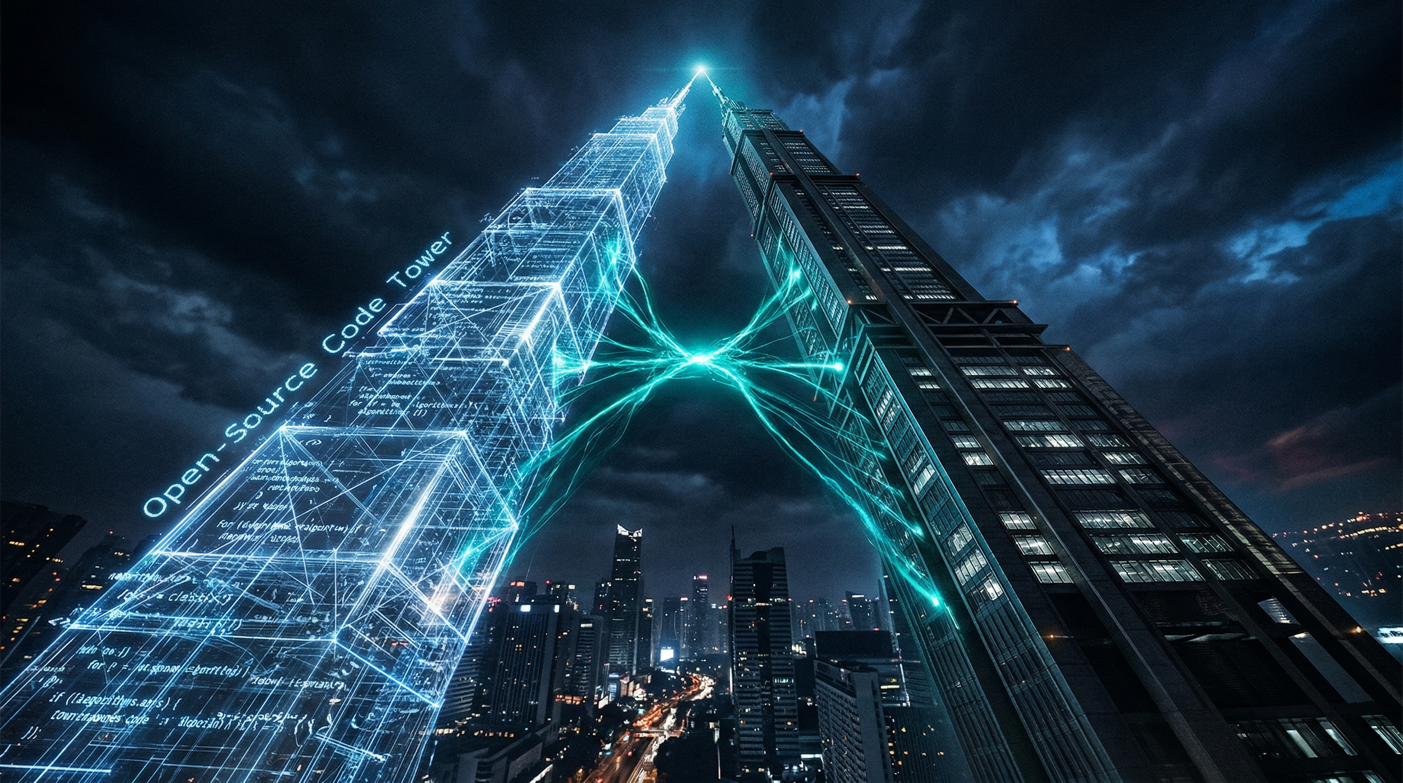 Twin towers of light — one crystalline and open, one solid and corporate — converging at equal height against a dark sky, connected by pulsing teal energy