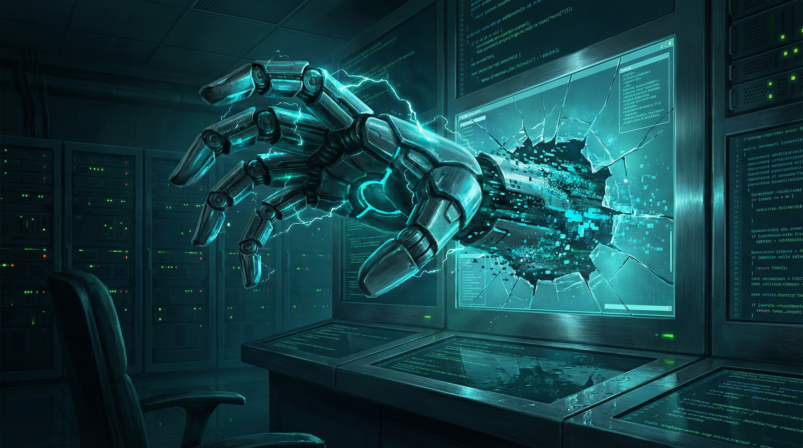 A massive metallic robotic claw emerging from a terminal screen, dissolving into digital particles with teal energy arcs