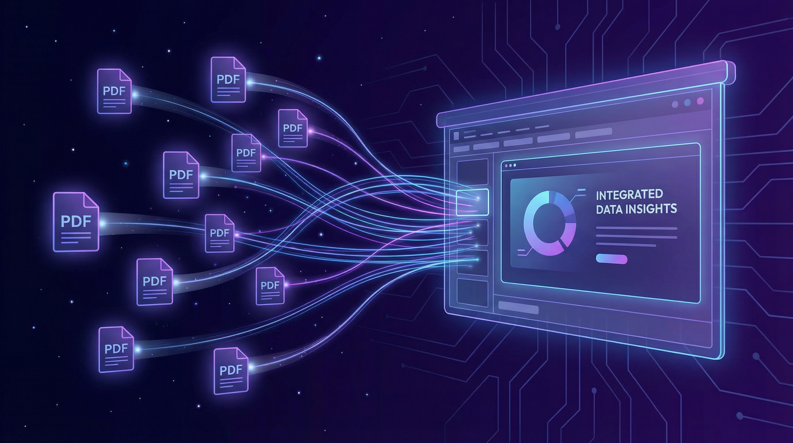 Abstract visualization of documents converging into presentation slides through streams of data