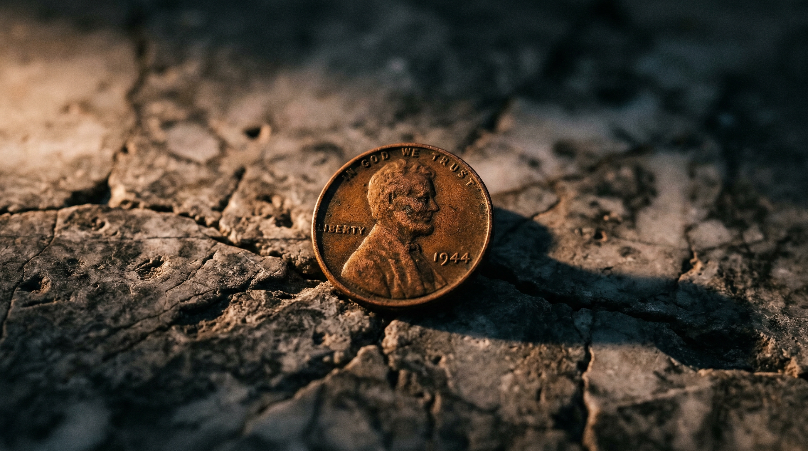 A worn Lincoln penny resting on cracked marble, dramatically side-lit, symbolizing the end of an era in American currency
