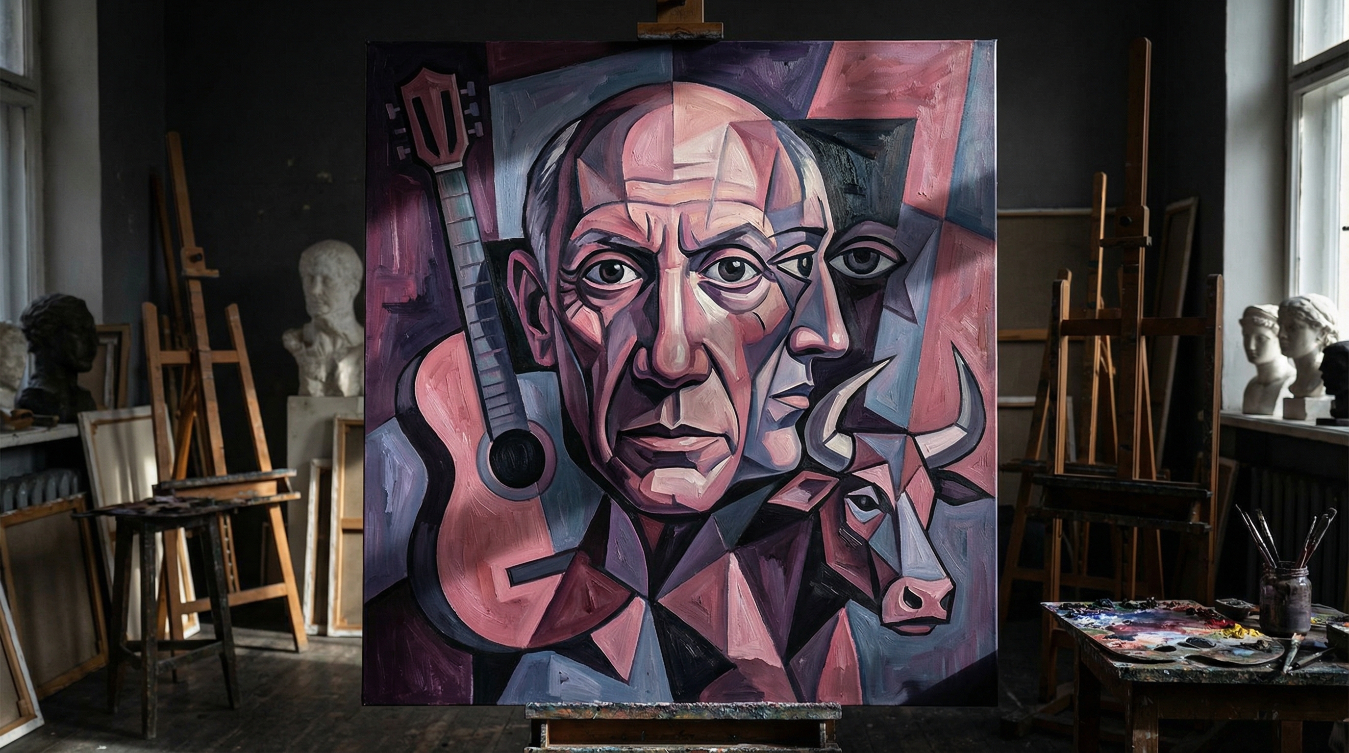 Pablo Picasso reimagined in his own Cubist style, fractured face with multiple perspectives