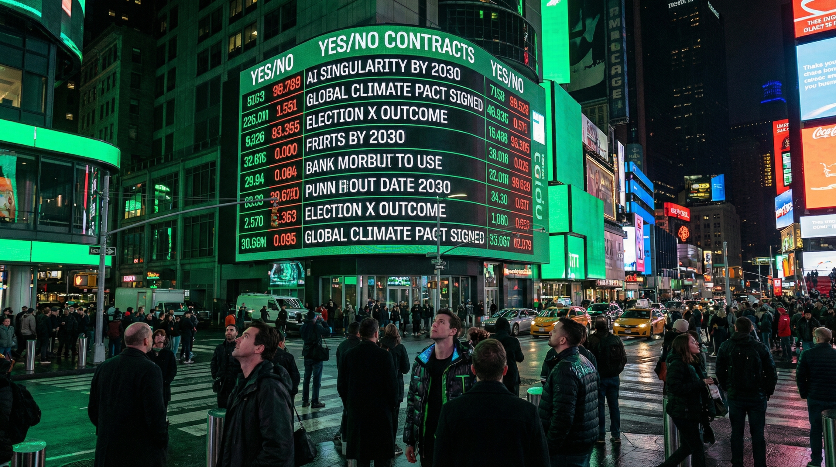 Neon prediction market ticker board in Times Square showing YES/NO contracts on world events