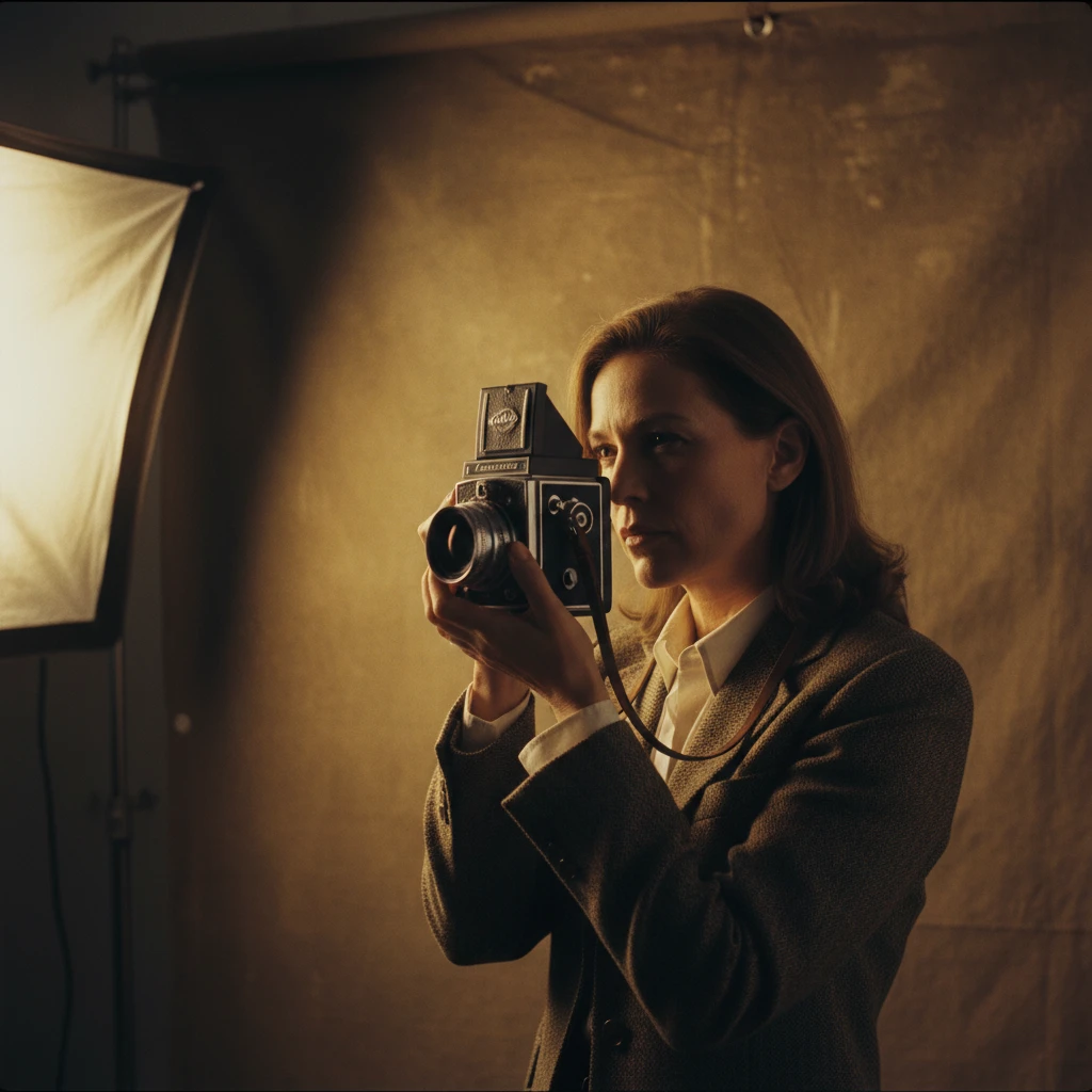 Portrait photographer with medium format camera in studio