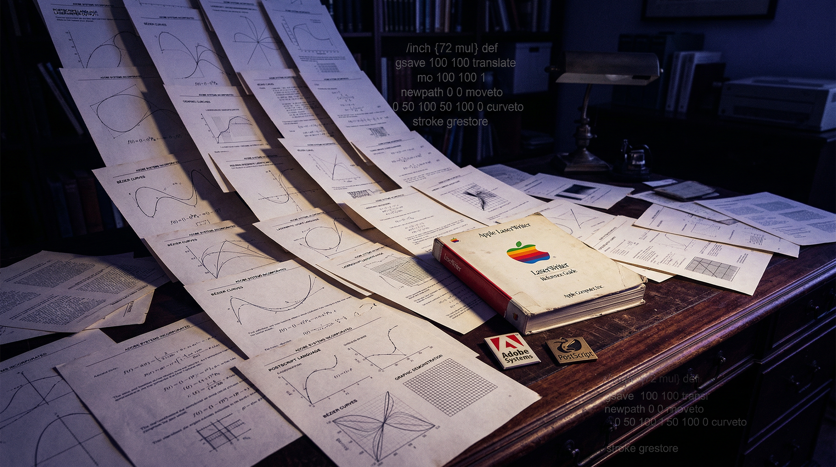 Vintage laser printer output pages with elegant Bezier curves and PostScript typography, illuminated in dramatic indigo light