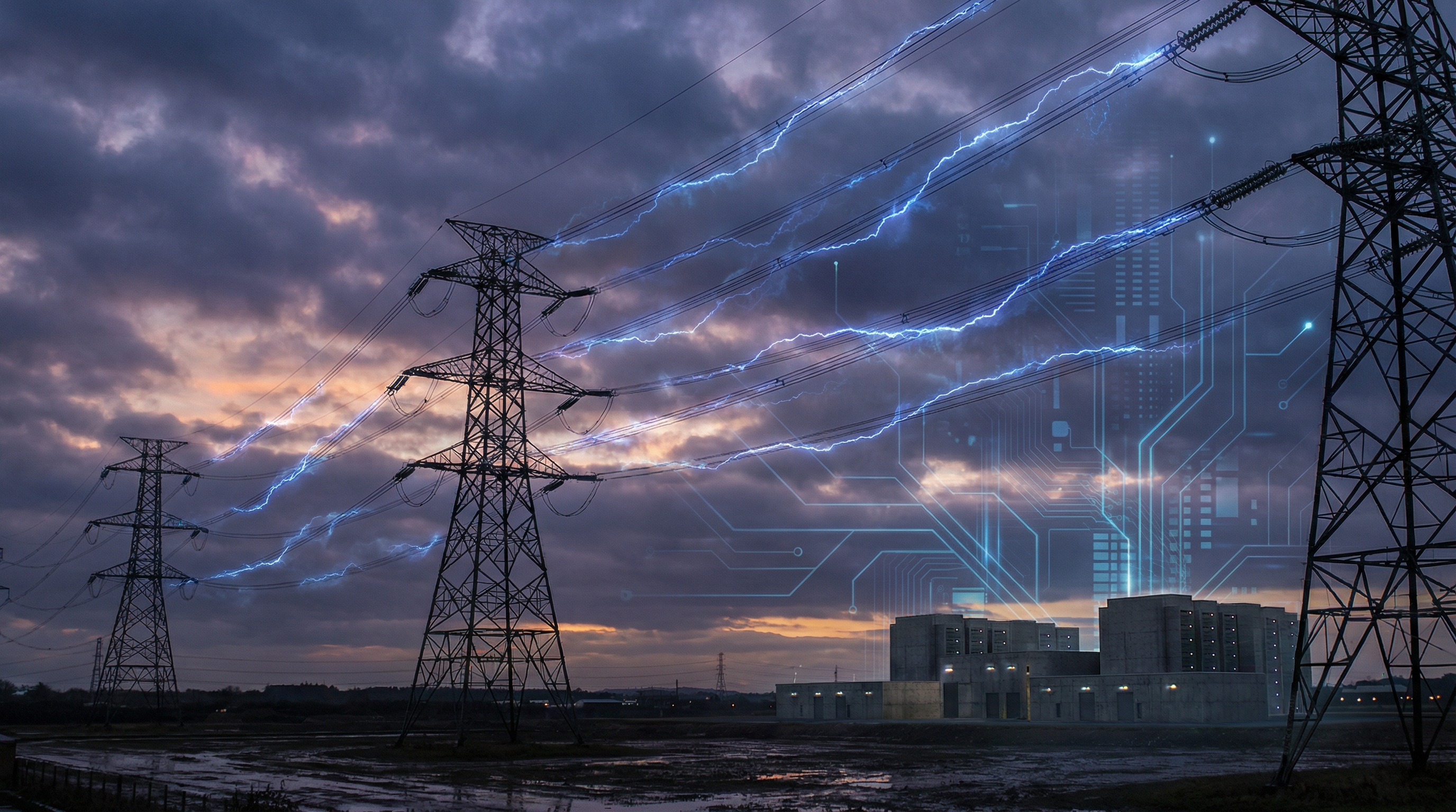 Electrical transmission towers at twilight with data streams flowing toward distant data centers