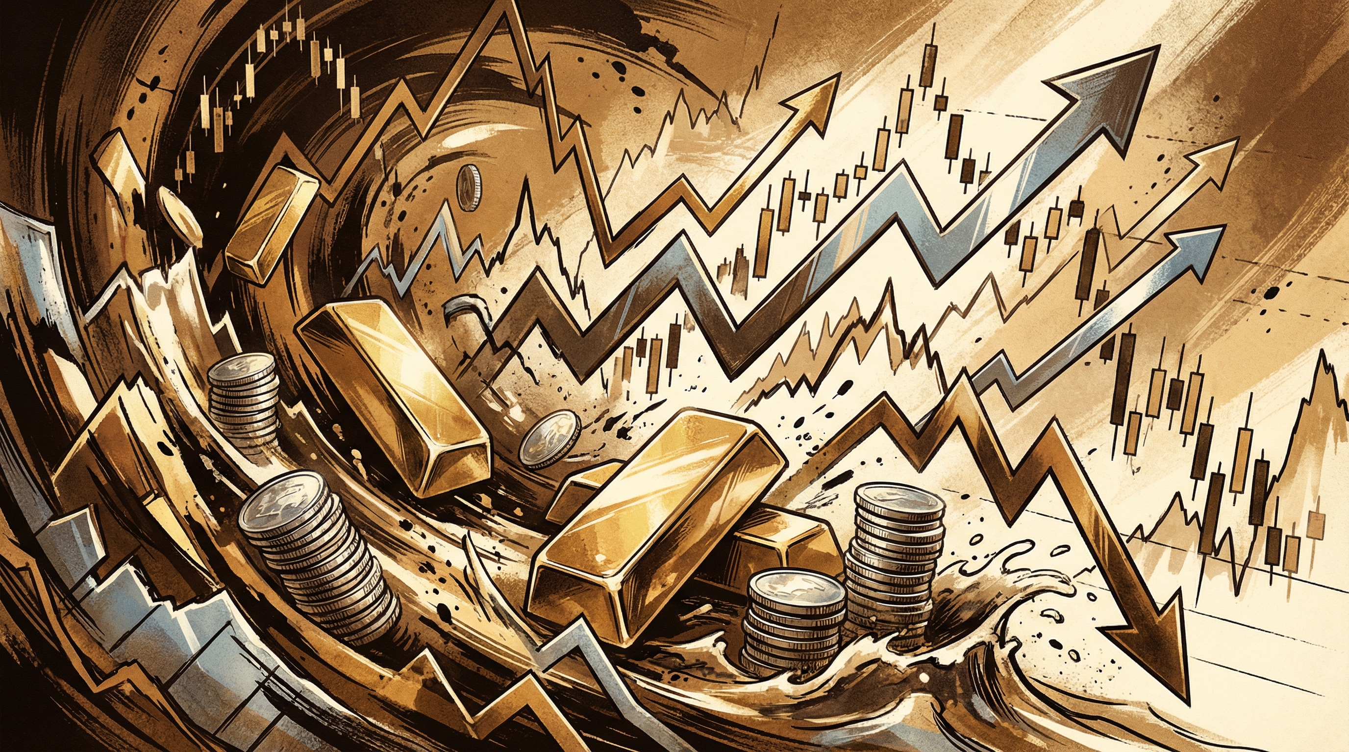 Gold bars and silver coins caught in turbulent market waves