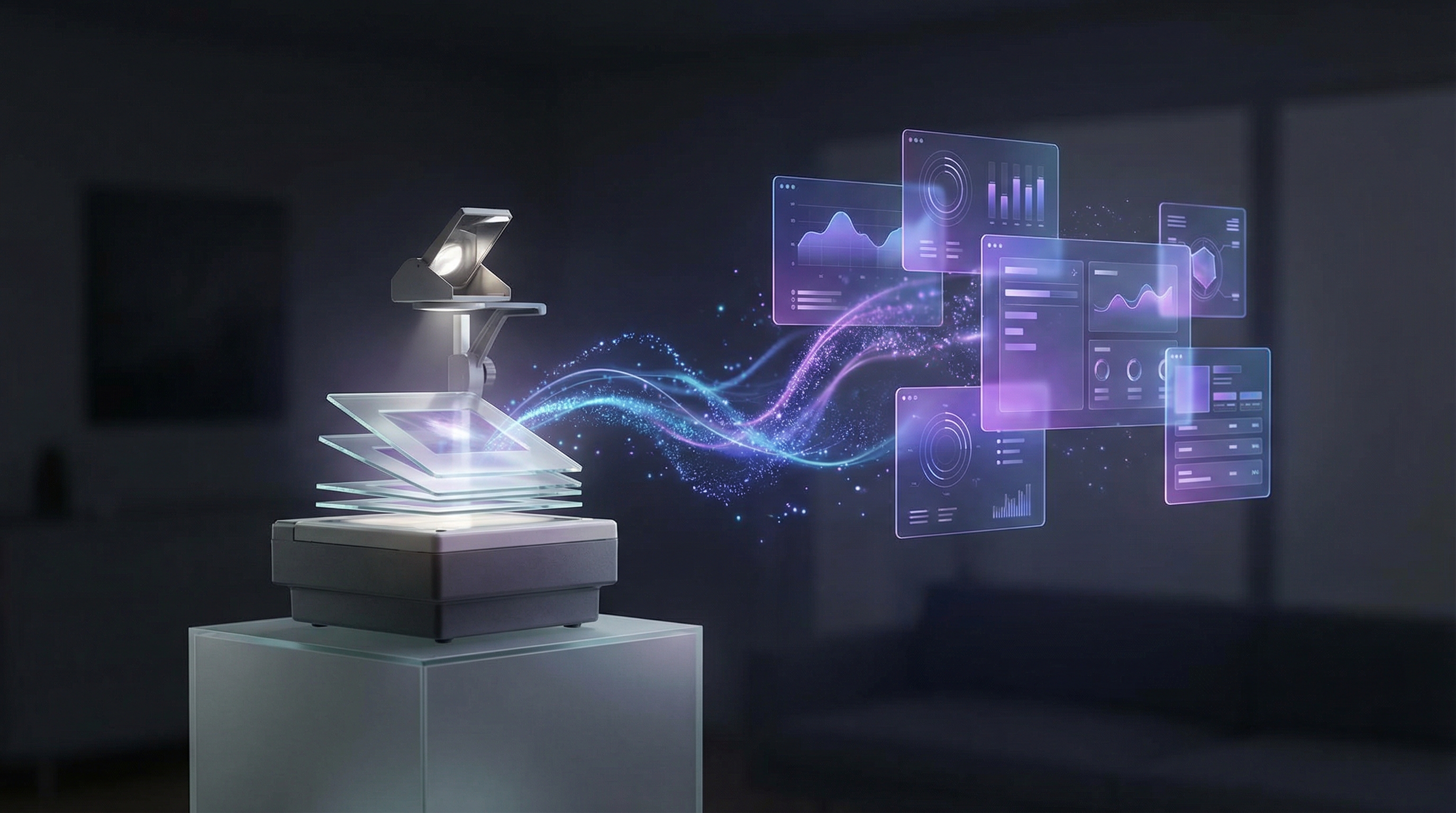Abstract visualization of presentations evolving from analog projectors to holographic digital interfaces