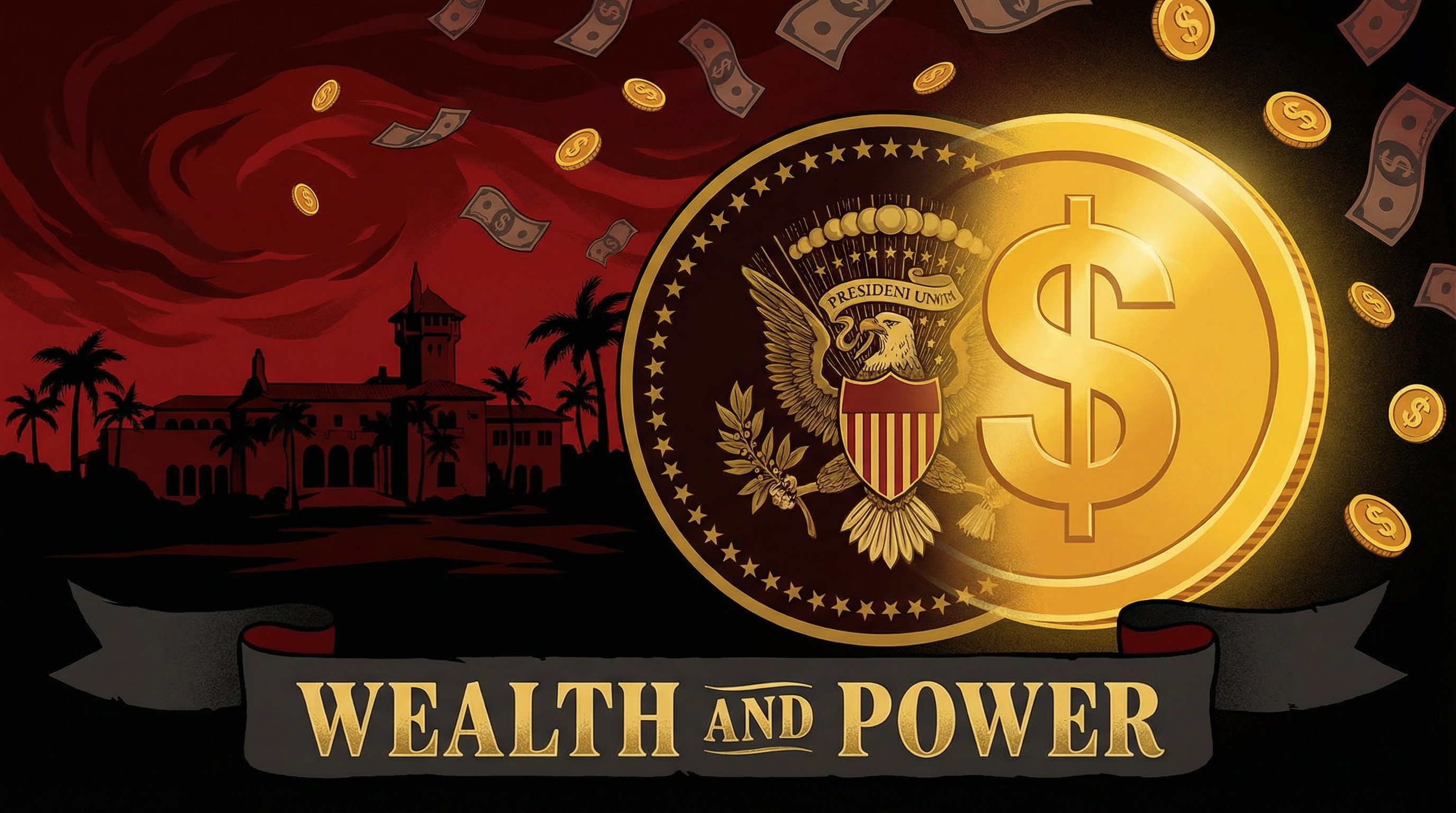 Presidential seal transforming into gold coins, symbolizing the monetization of the presidency