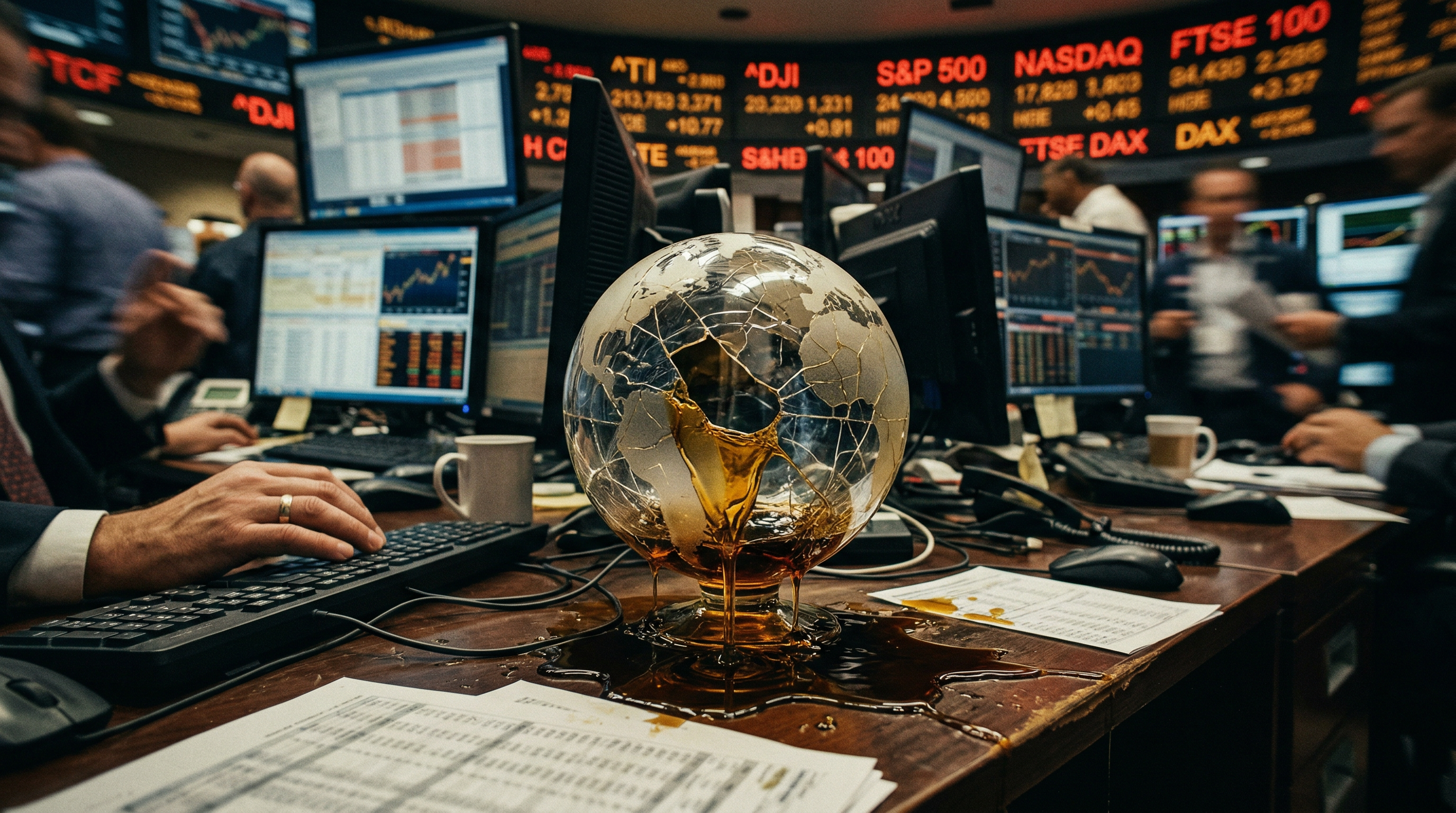 An amber-lit cracked globe leaking oil onto a financial trading floor, symbolizing the economic fractures of the US-Iran conflict
