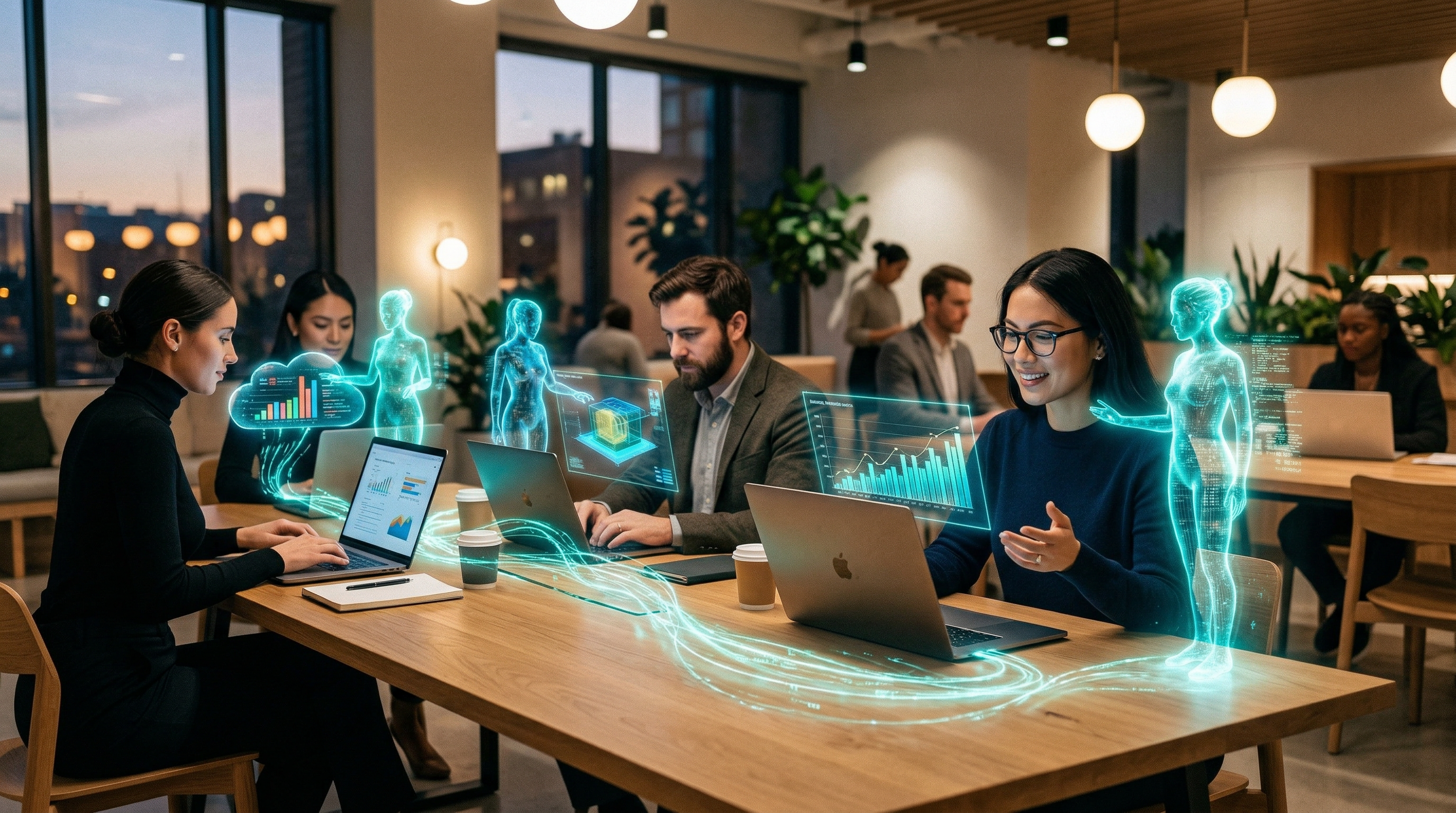 Futuristic workspace with holographic AI agents collaborating alongside humans at a long table, connected by teal energy streams