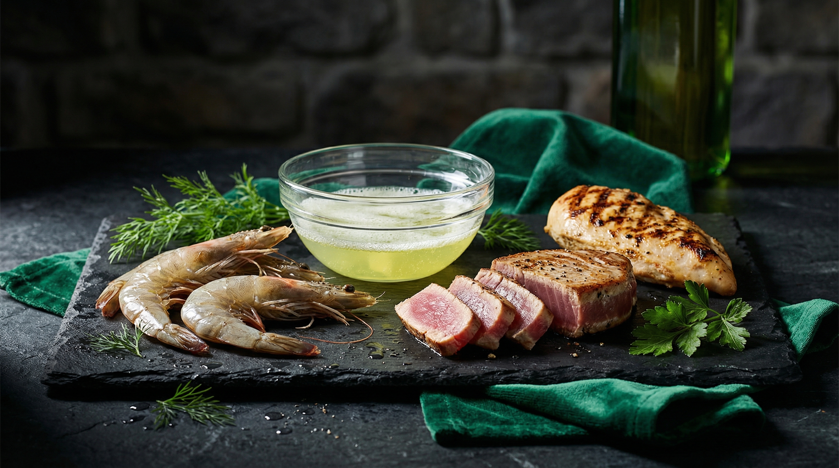 Elegant arrangement of high-protein foods including shrimp, egg whites, tuna, and chicken on a dark slate surface