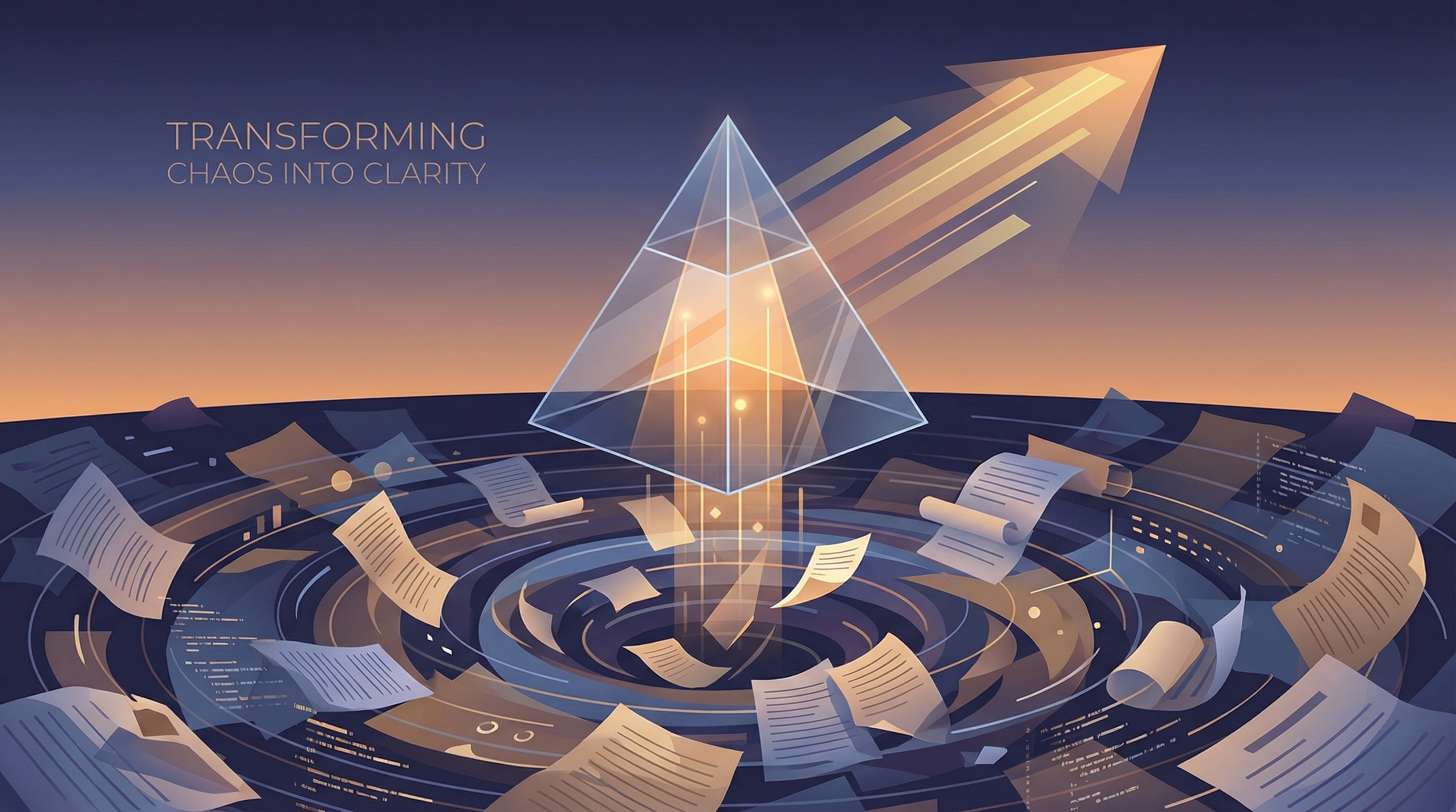 Abstract visualization of hierarchical communication structure with crystalline pyramid forms