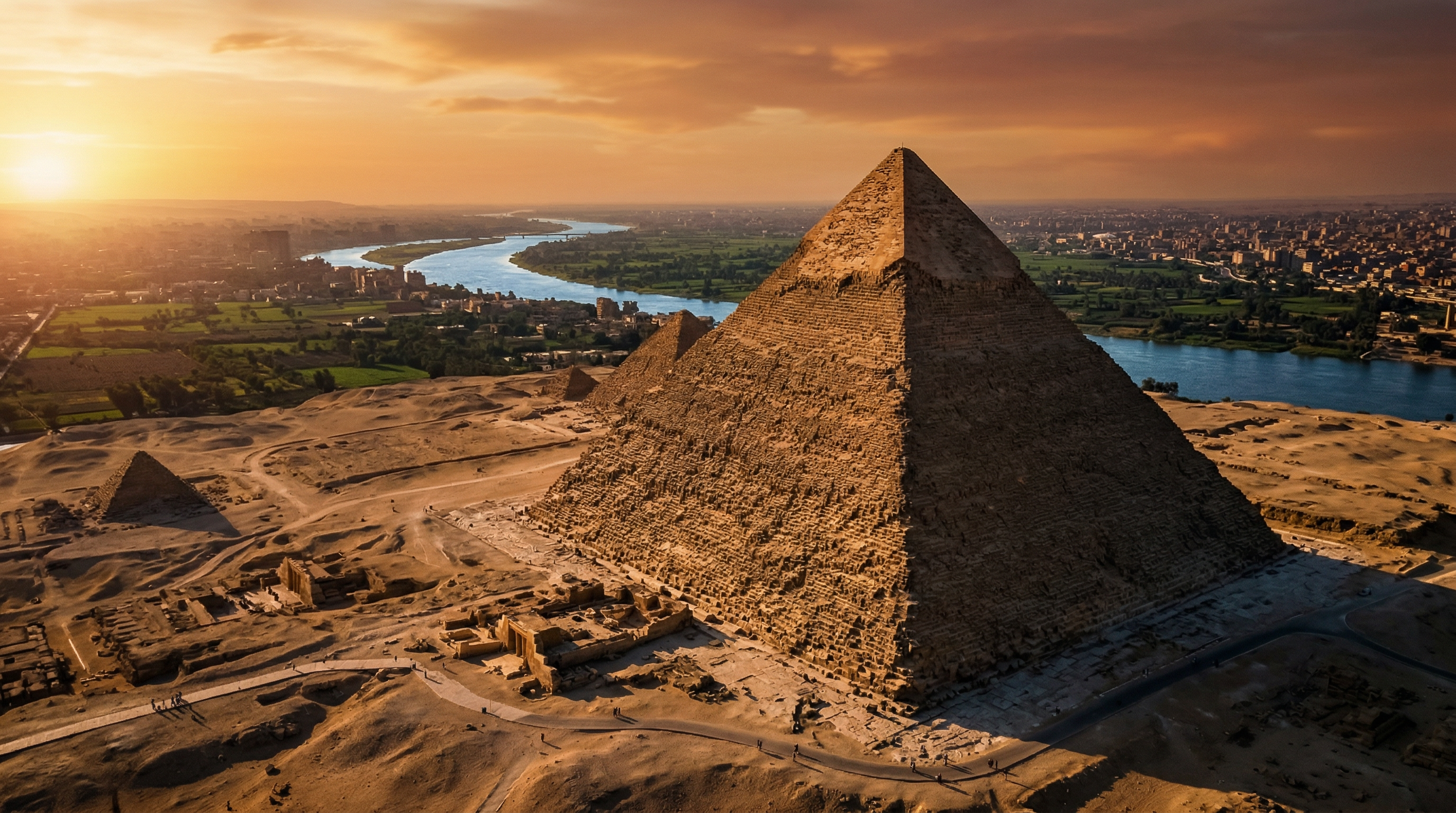 Aerial view of the Great Pyramid of Giza at golden hour, with the ancient Nile branch visible in the background