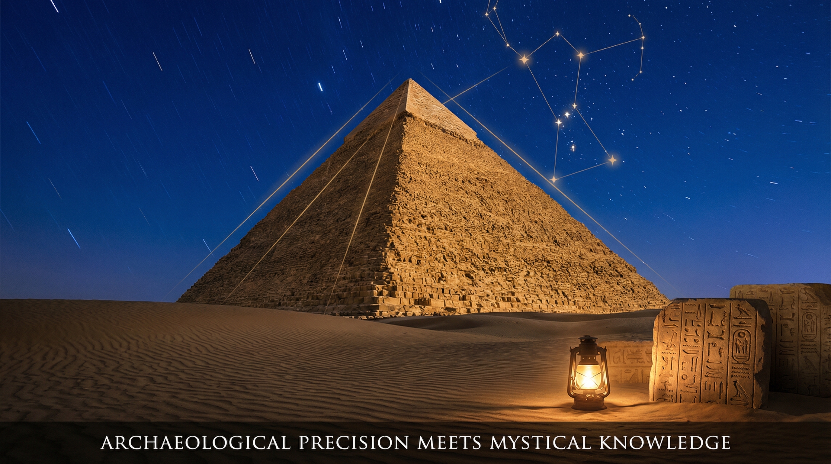 The Great Pyramid of Giza rising from golden desert sands under a starlit sky