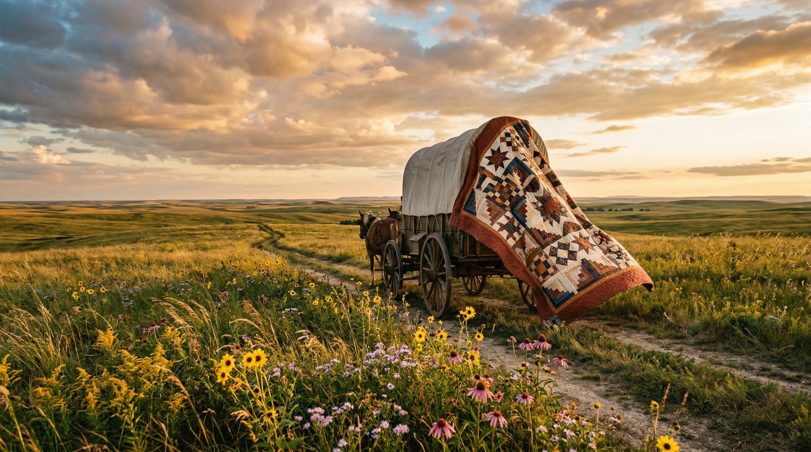 A covered wagon on the prairie at golden hour with a handmade patchwork quilt draped over its side, catching the wind against a dramatic sky