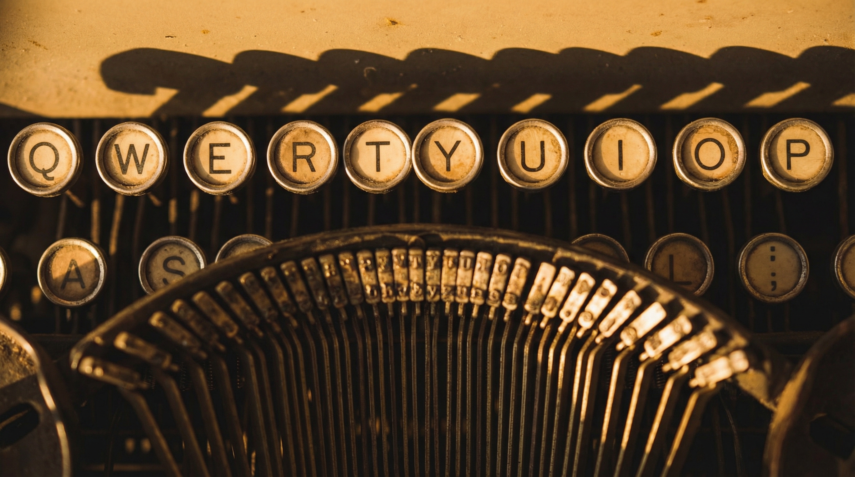 Vintage typewriter showing QWERTY key arrangement in warm sepia tones