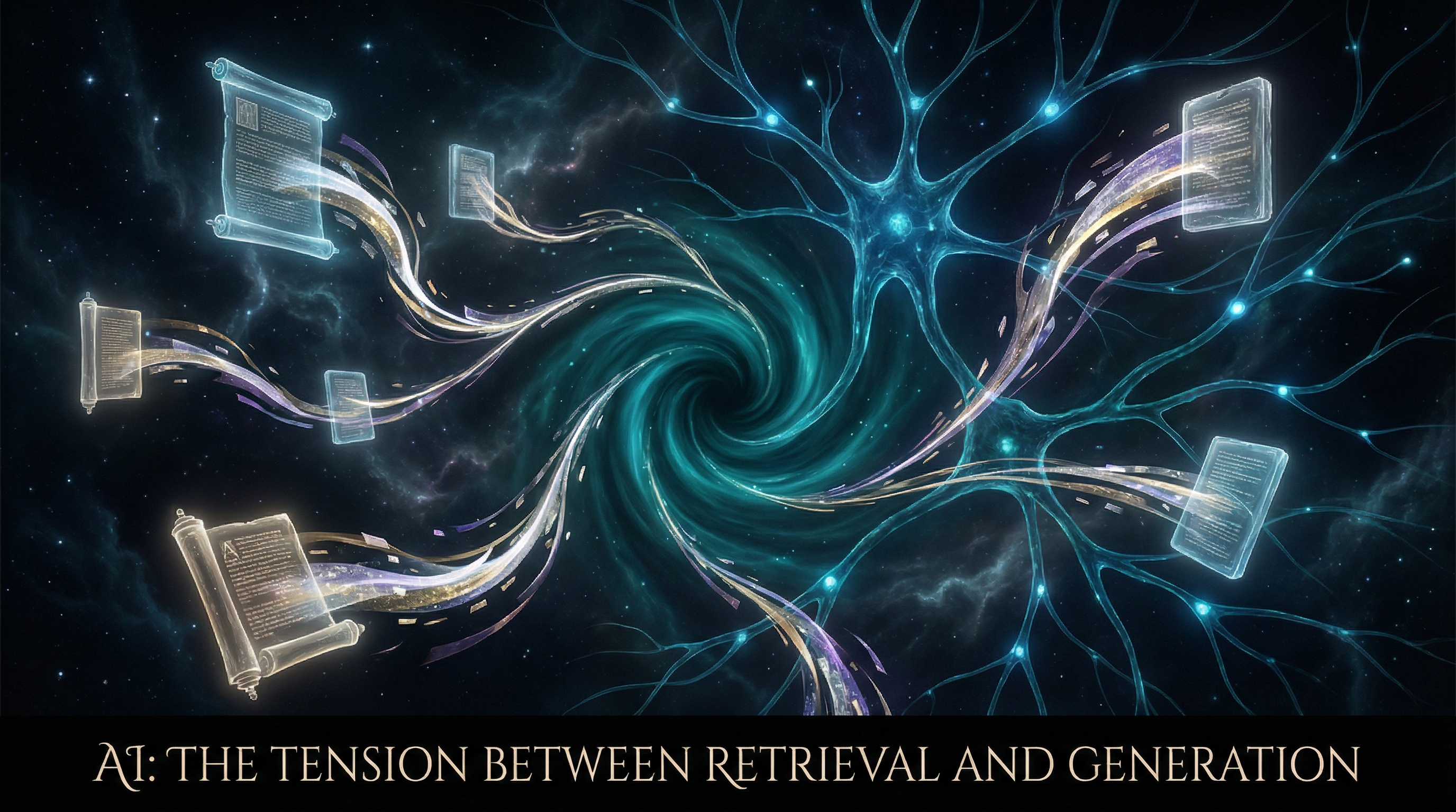 A neural network pulling data fragments from floating archives into its luminous core, visualizing the tension between retrieval and generation