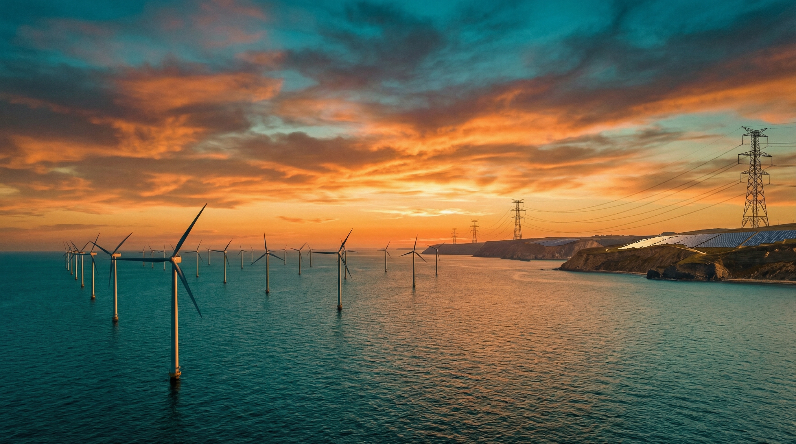 Offshore wind turbines at golden hour with transmission lines stretching toward the horizon