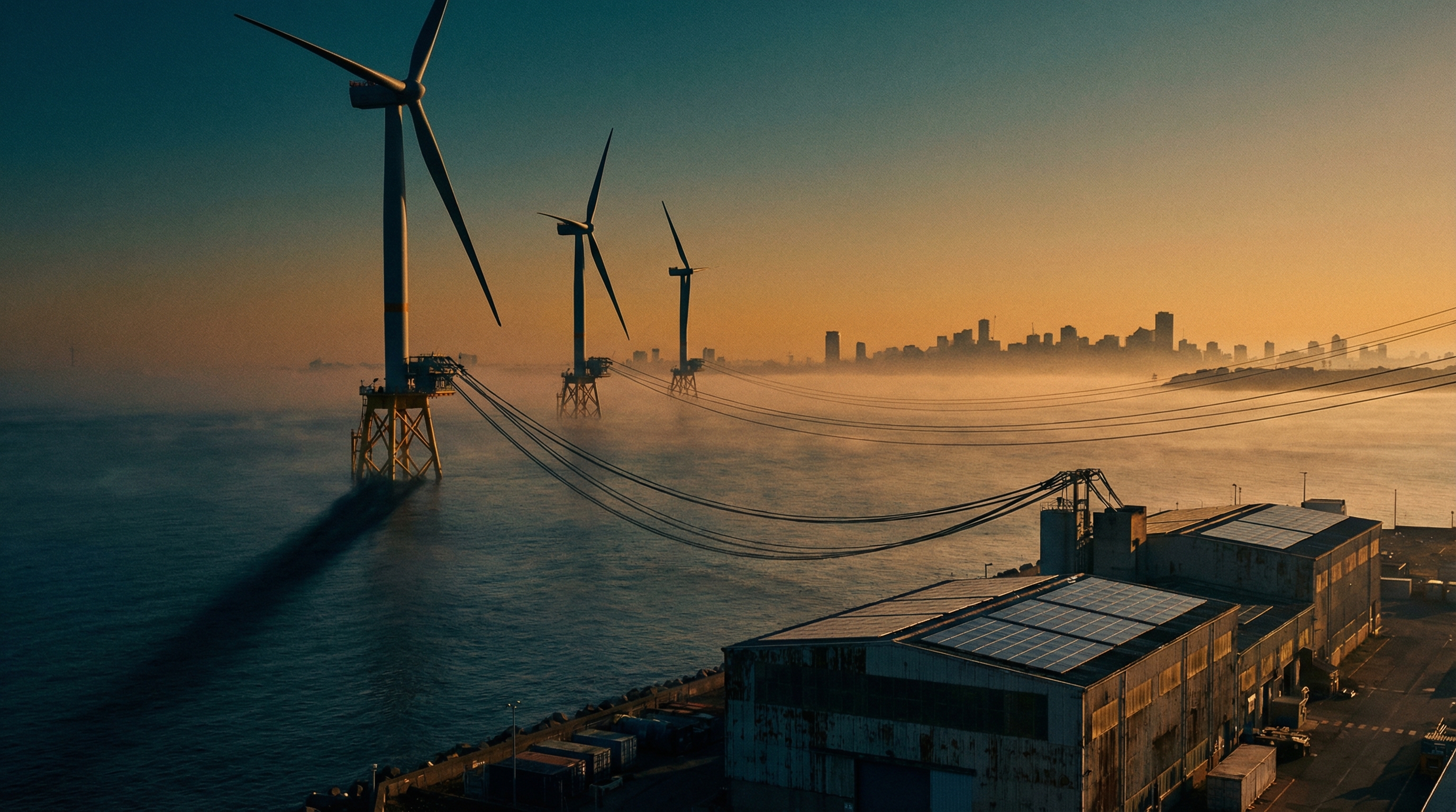 Offshore wind turbines rising from morning mist with transmission lines stretching toward city skyline