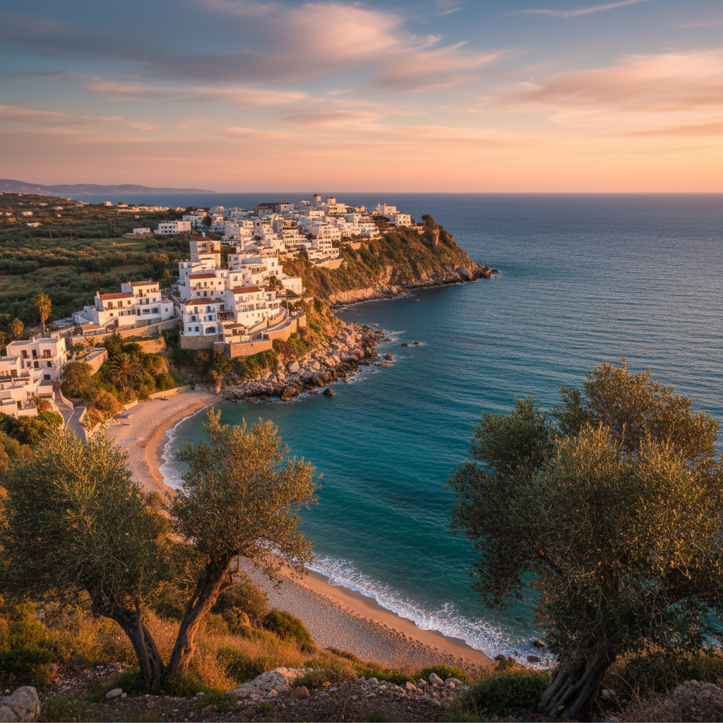 Mediterranean coastline at sunset with whitewashed Greek village on clifftop overlooking azure sea