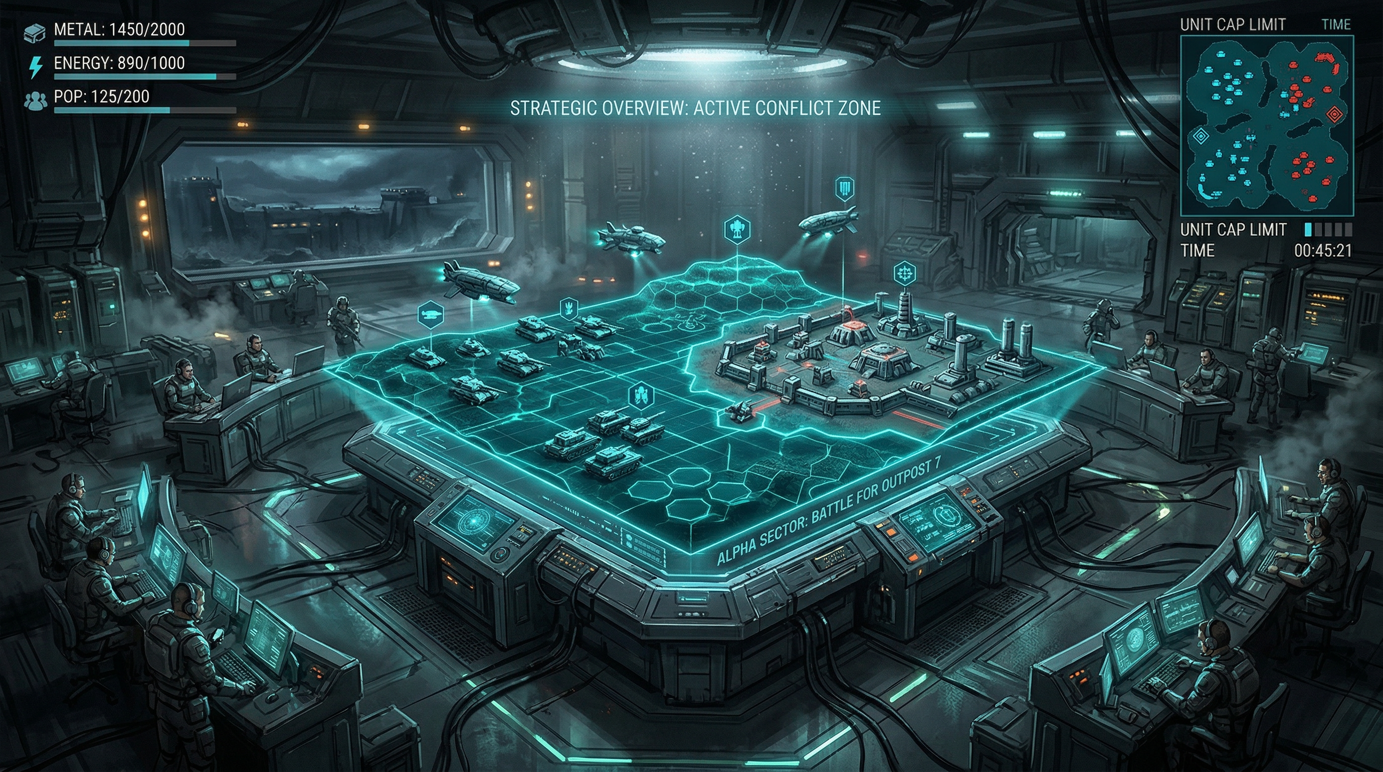 Epic RTS command center with holographic battle map showing unit formations and base layouts, teal glowing grid lines against dramatic lighting