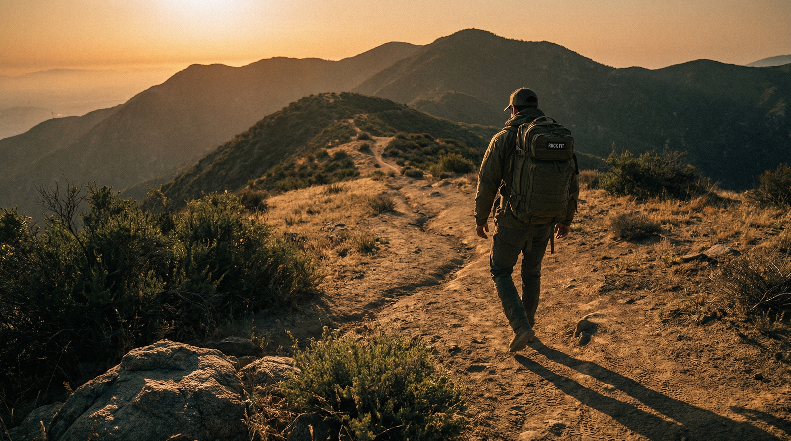 Person rucking along a mountain trail at golden hour with a weighted backpack