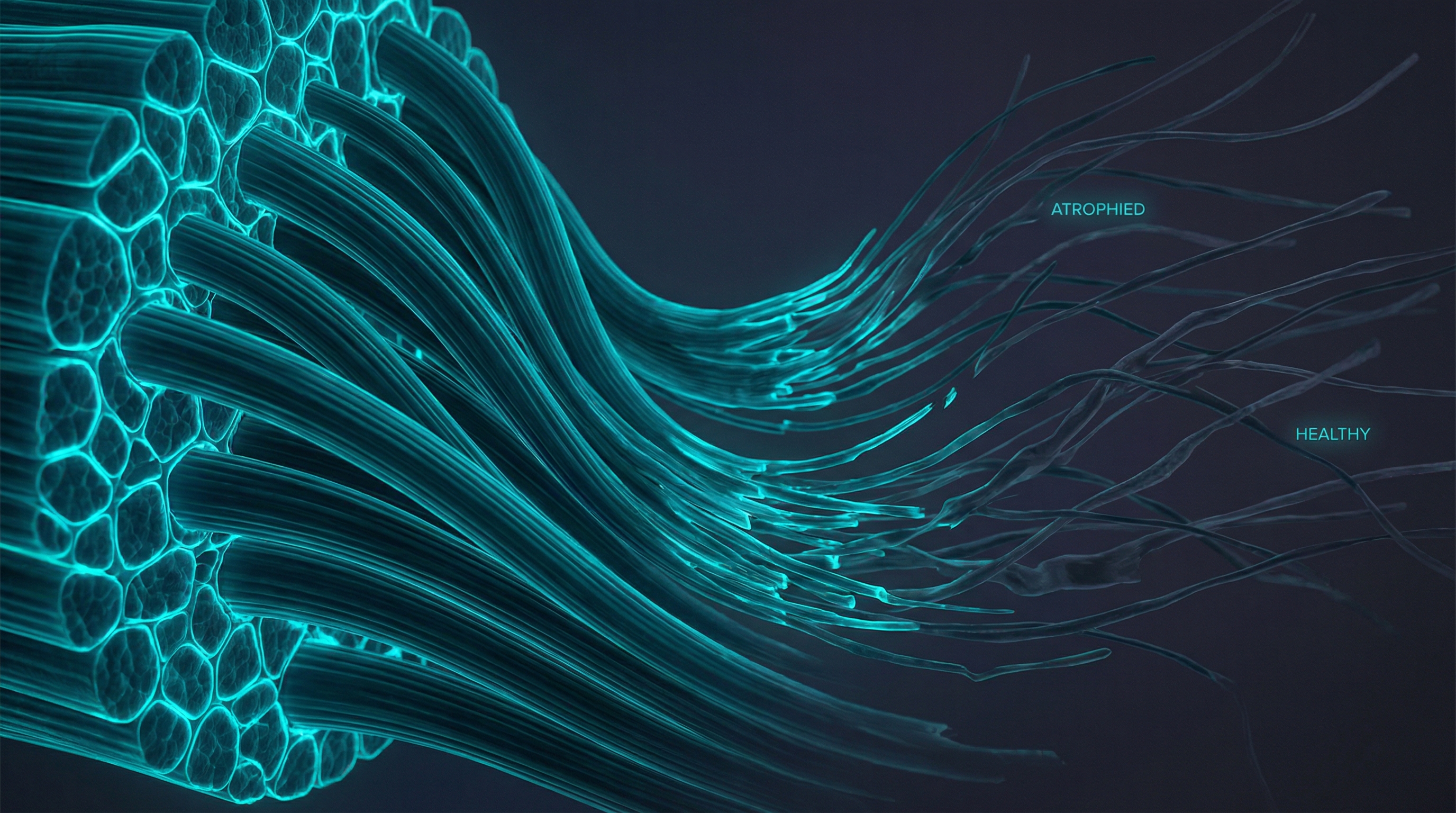 Abstract visualization of muscle fiber transformation from healthy to atrophied tissue