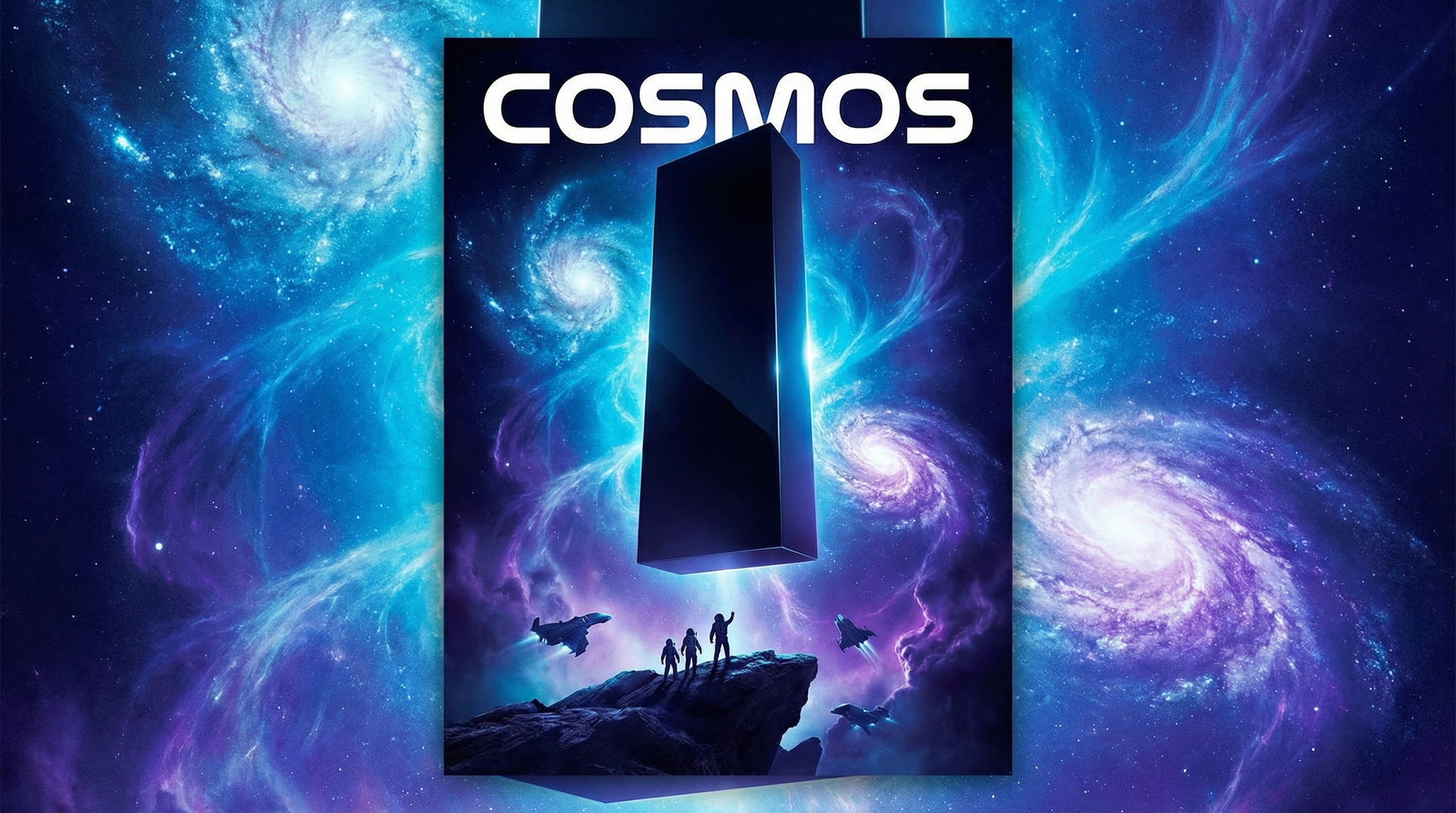 Cinematic montage of science fiction iconography—astronaut helmet, monolith, robotic eye, spaceship against nebula