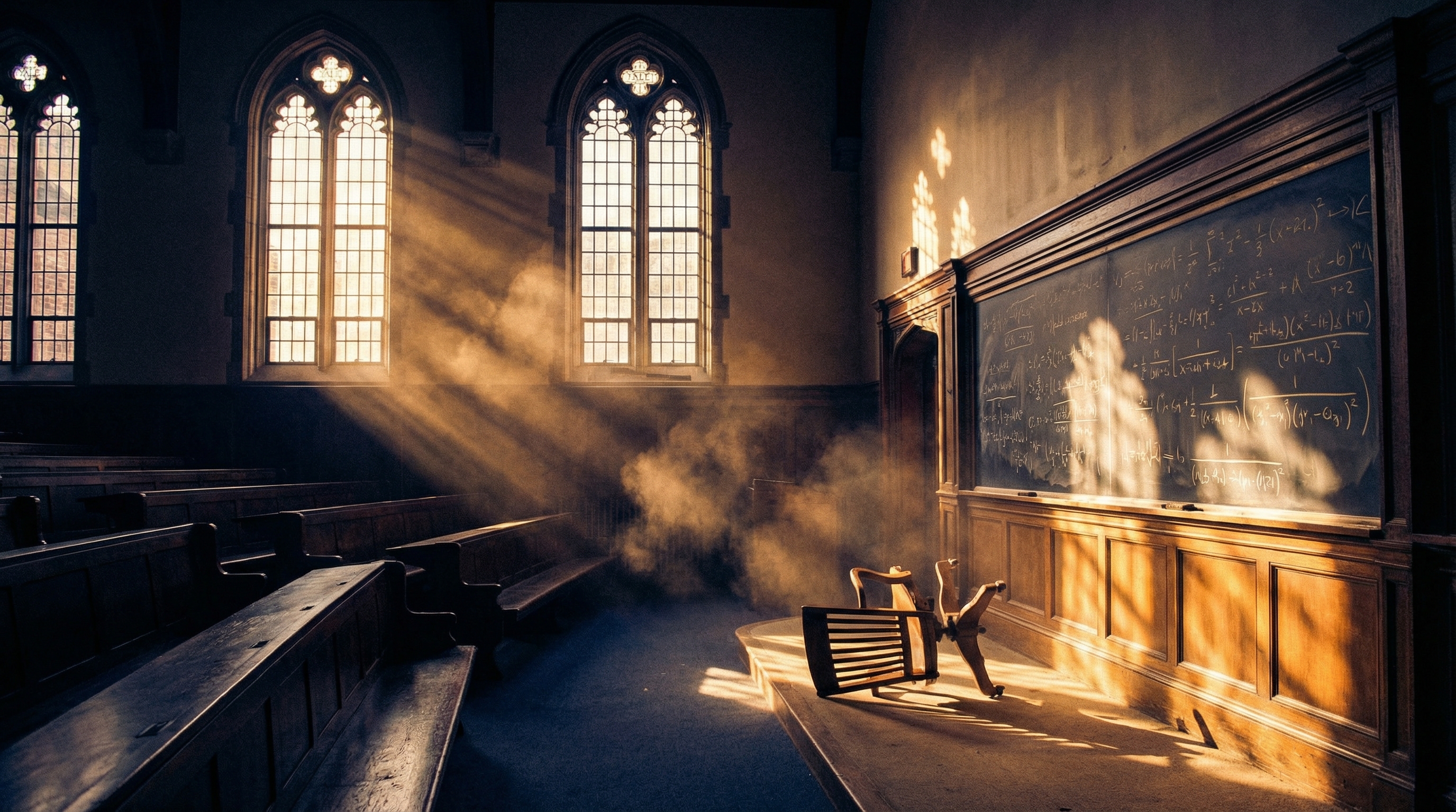 A dramatic Yale lecture hall with chalk dust floating in golden afternoon light, a blackboard covered in dense mathematical notation