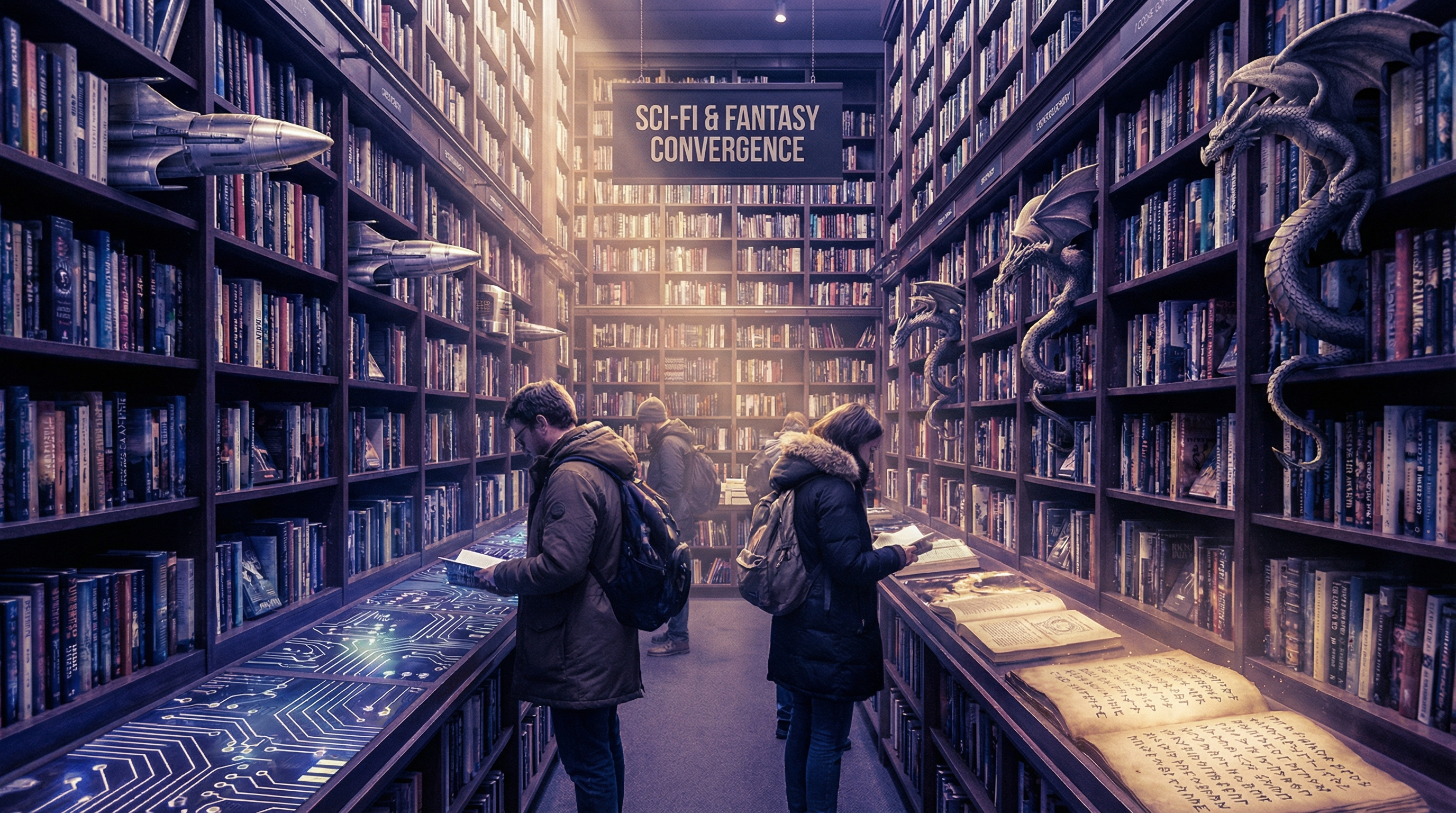 A bookstore aisle where science fiction spaceships morph into fantasy dragons