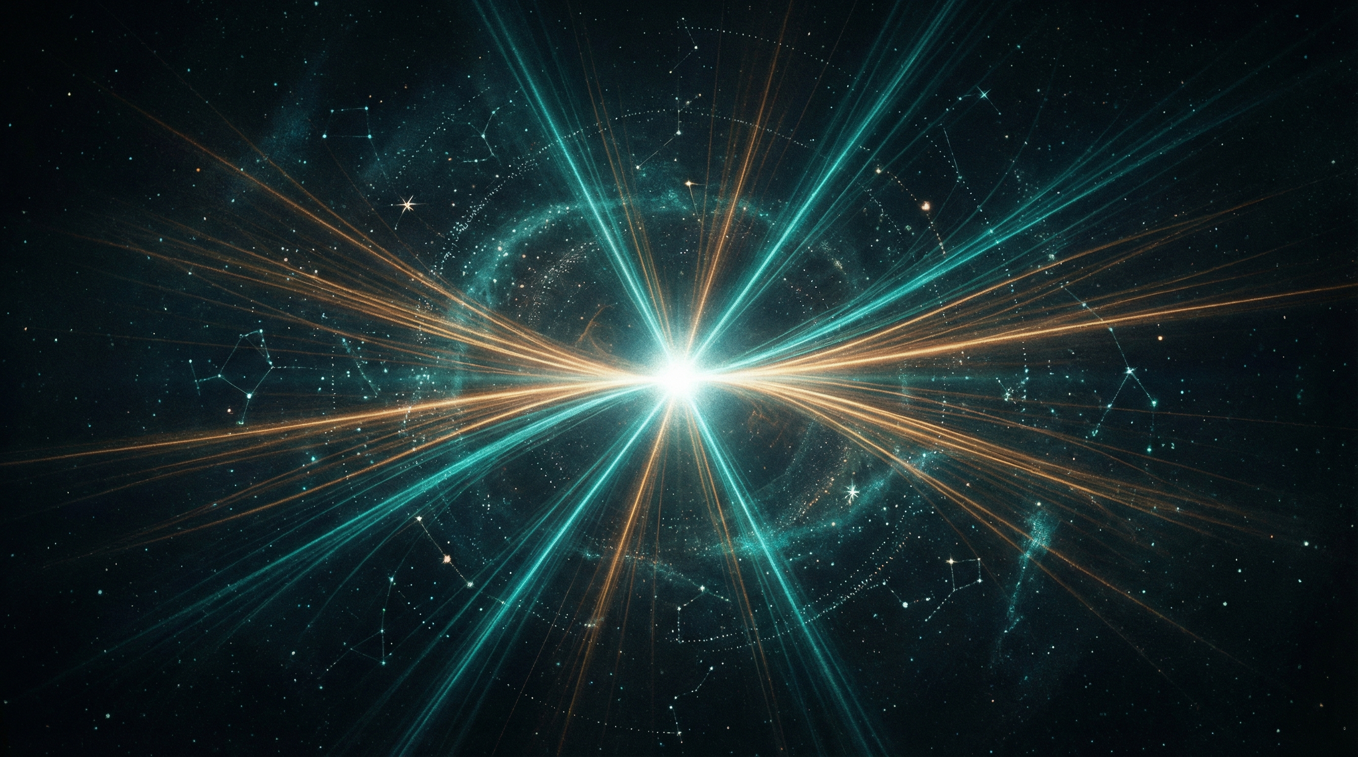Abstract visualization of a singularity point with converging light rays in teal and amber