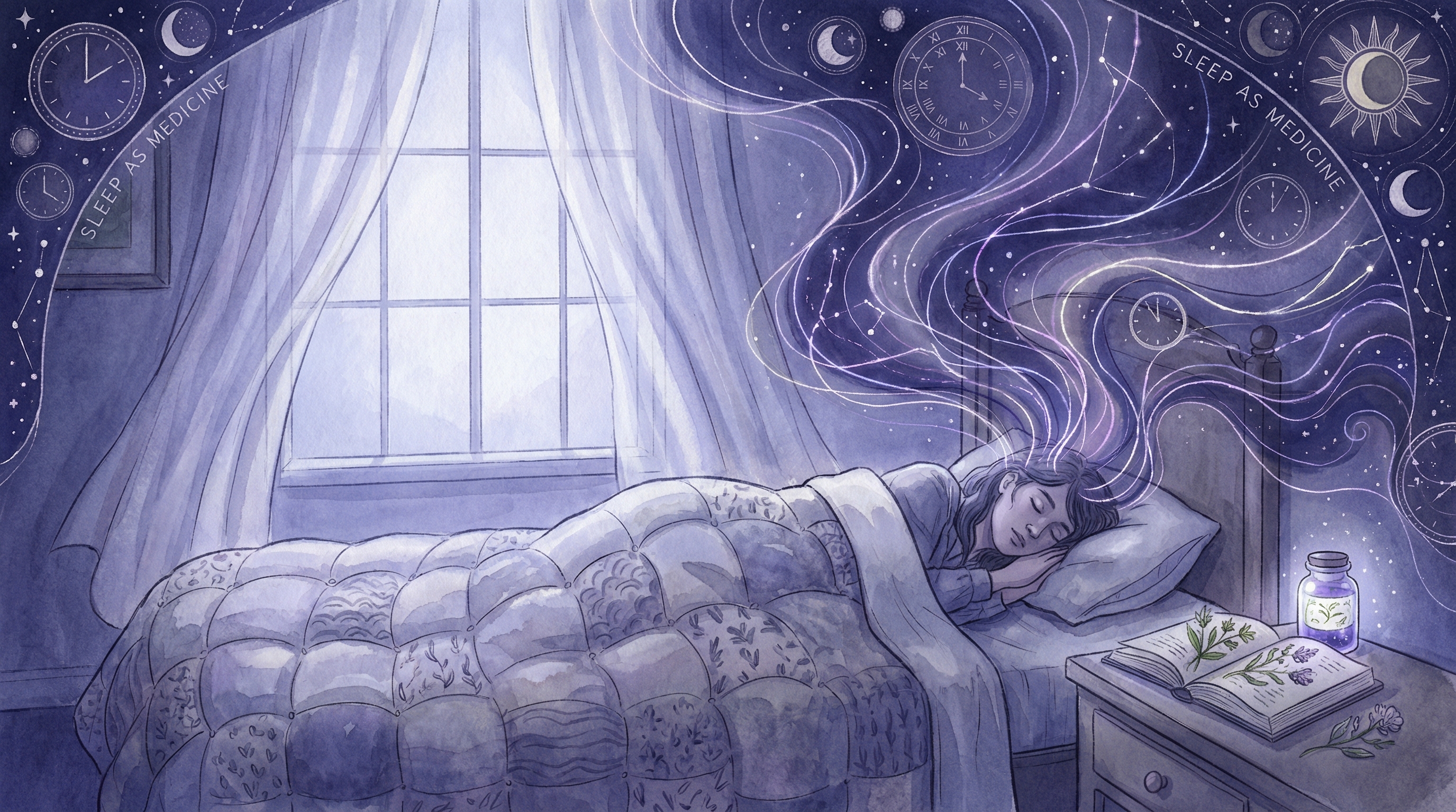Serene moonlit bedroom with neural activity visualized as luminous threads connecting to a cosmic night sky filled with circadian rhythm symbols