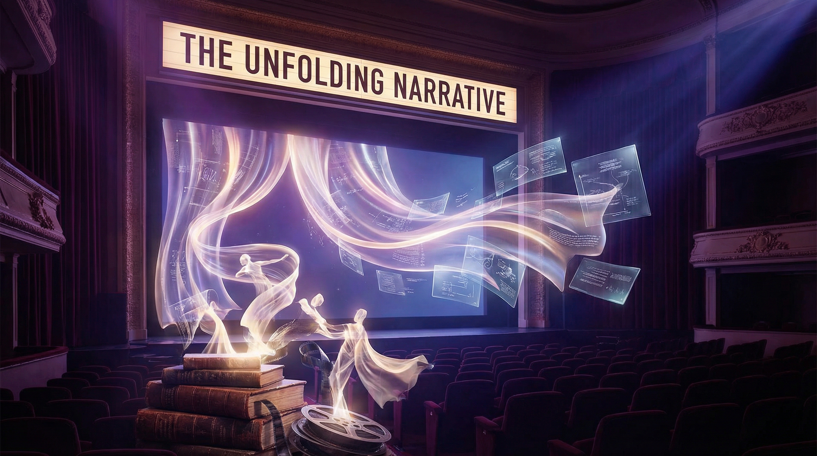 Abstract illustration of narrative threads weaving through floating presentation slides, violet and indigo palette