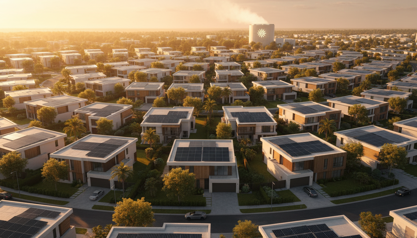 Aerial view of modern suburban neighborhood with solar panels on every rooftop during golden hour