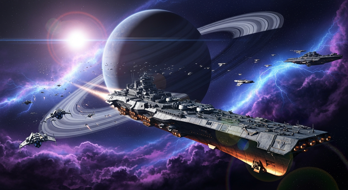 Epic space opera vista with massive spacecraft against swirling nebula