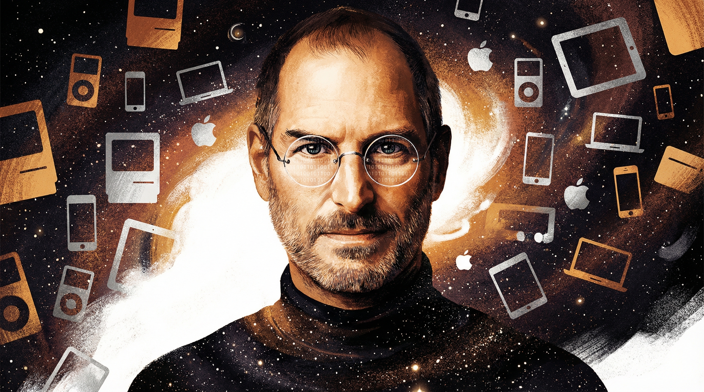 Steve Jobs portrait emerging from a constellation of Apple products floating in cosmic space