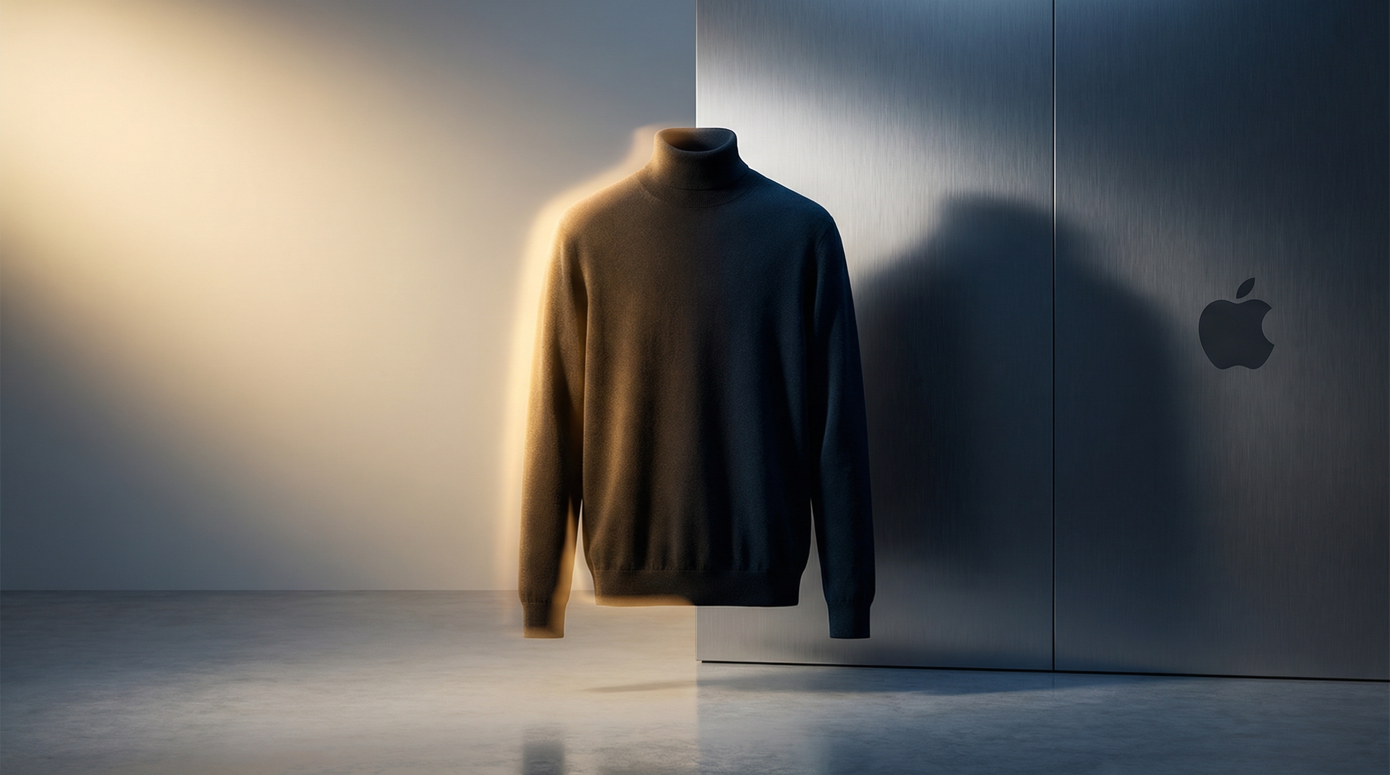 Black turtleneck sweater in dramatic split lighting, representing the duality of Steve Jobs' legacy