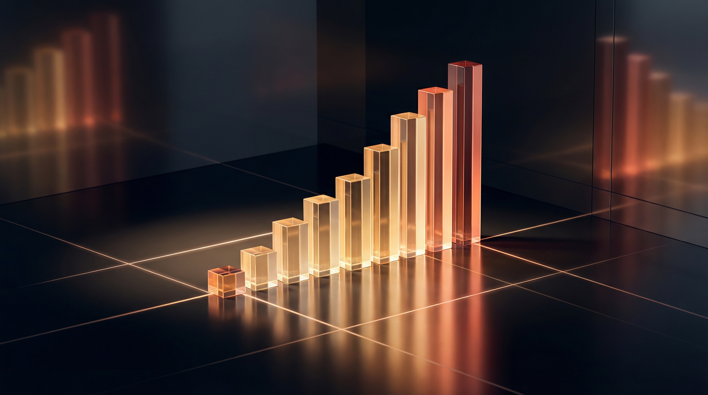 Abstract visualization of stock market trends with ascending glass pillars