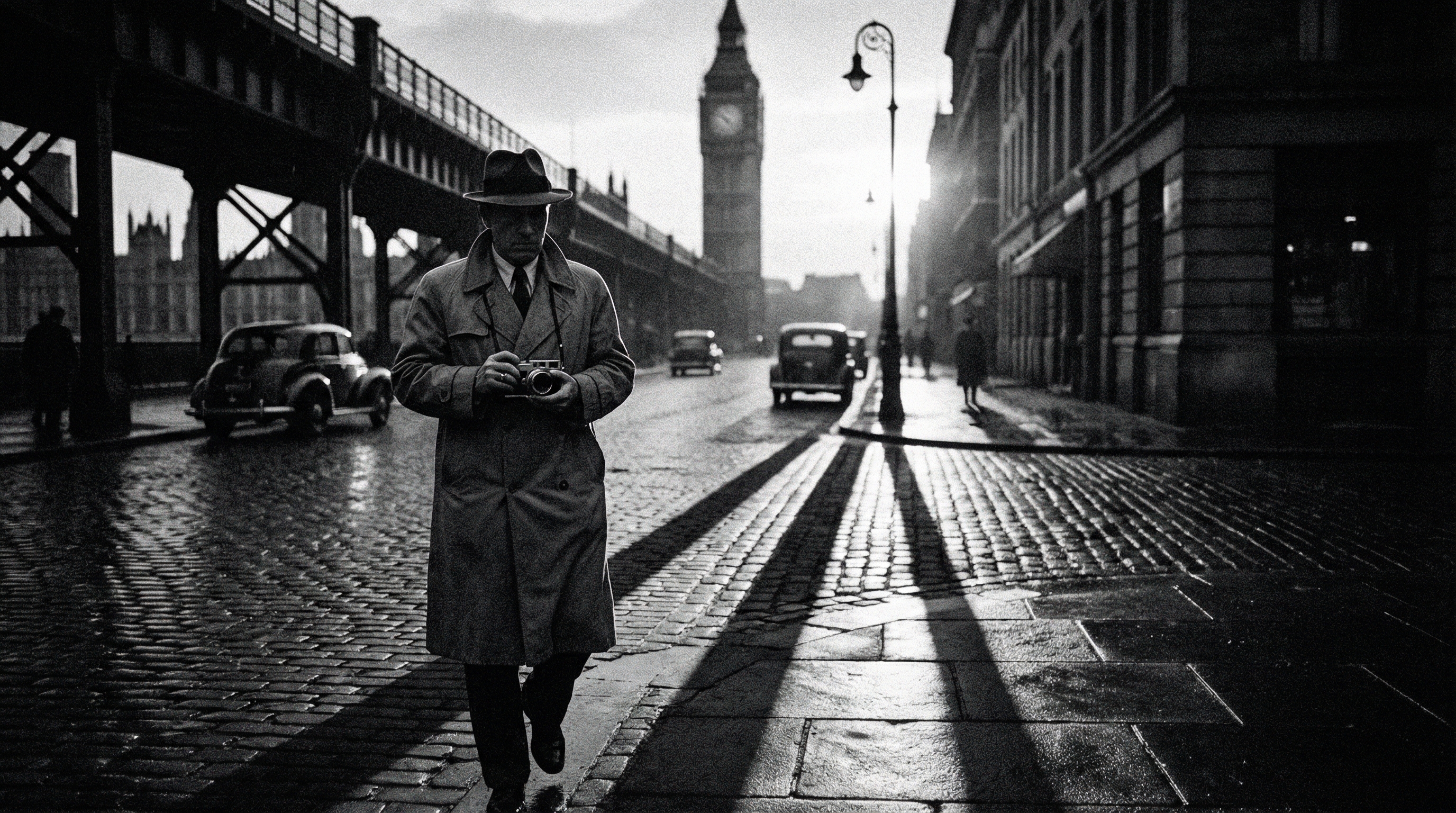 Silhouette of a street photographer walking through dramatic shadows on a city street