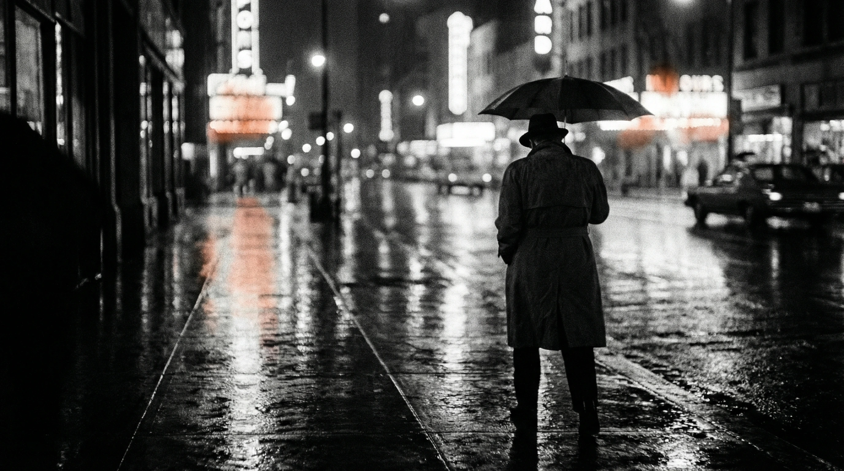 Atmospheric black and white street scene with lone figure on rain-slicked pavement