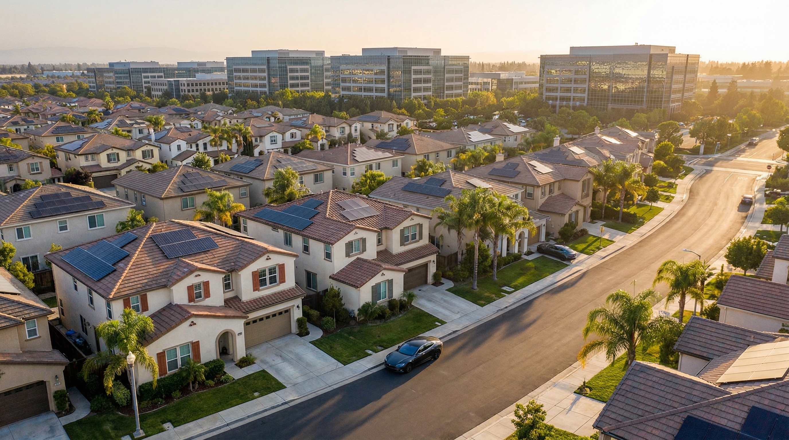 Aerial view of Sunnyvale suburban neighborhood at golden hour