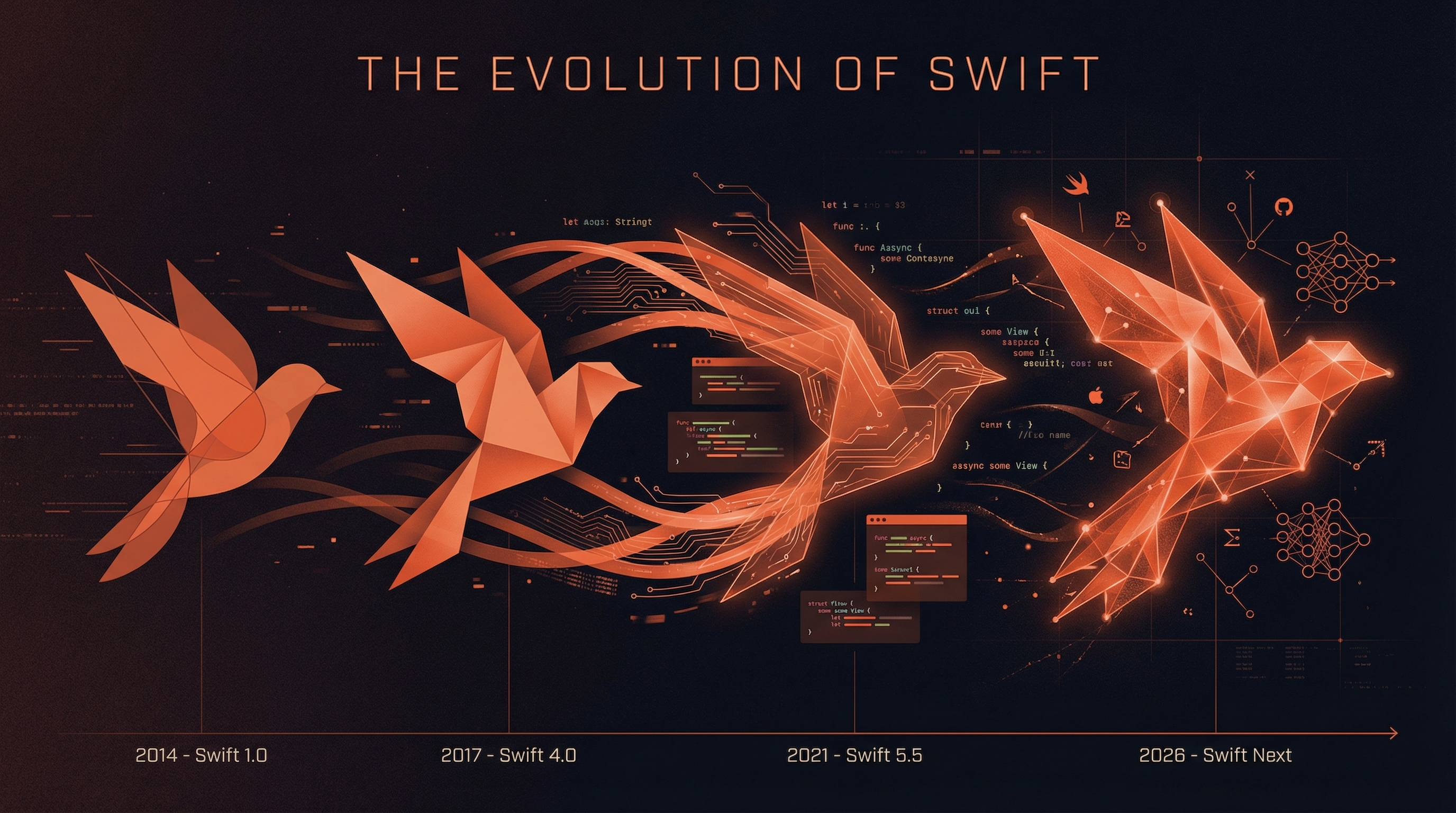 Swift programming language evolution visualization showing an orange swift bird transforming through time