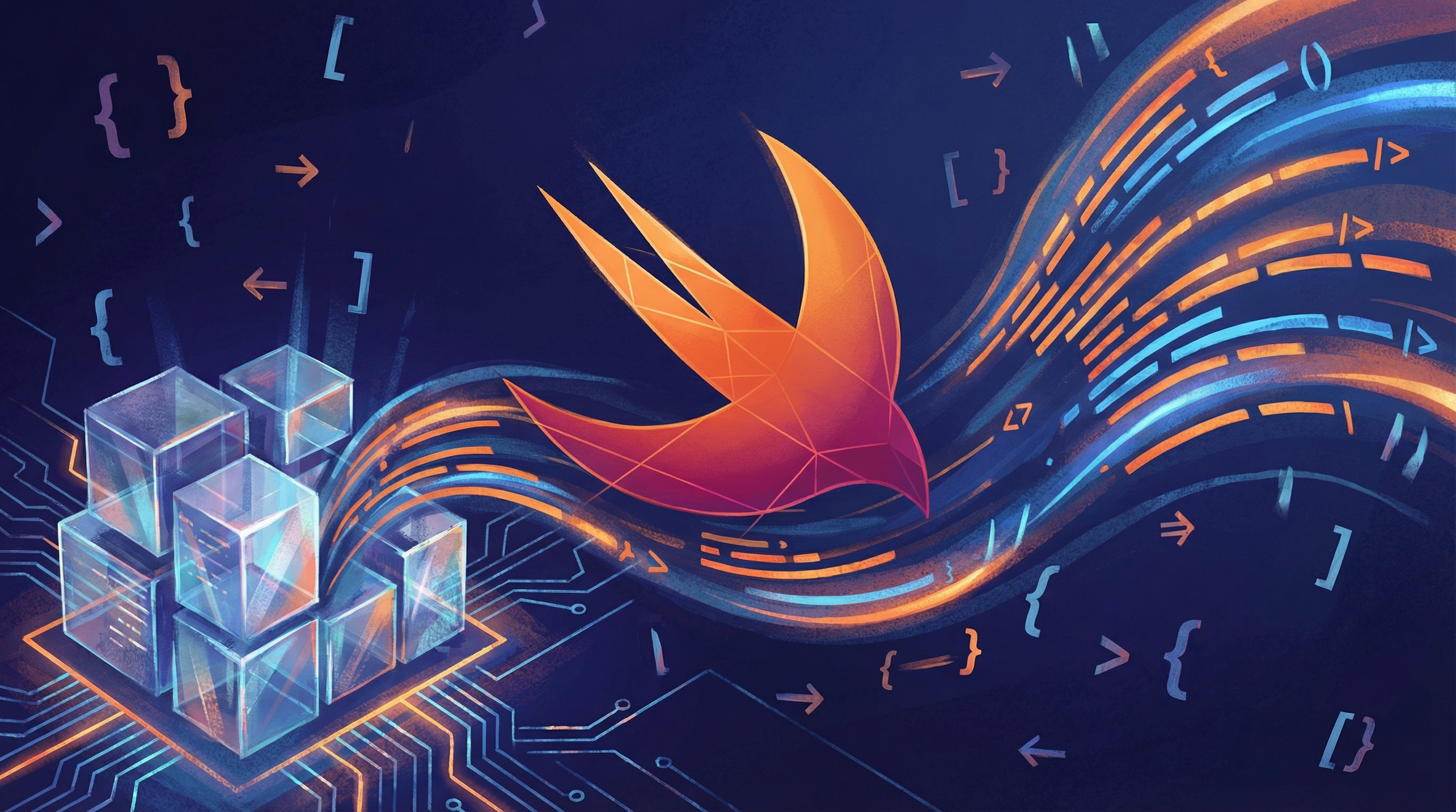 Abstract visualization of Swift programming language with flowing code streams