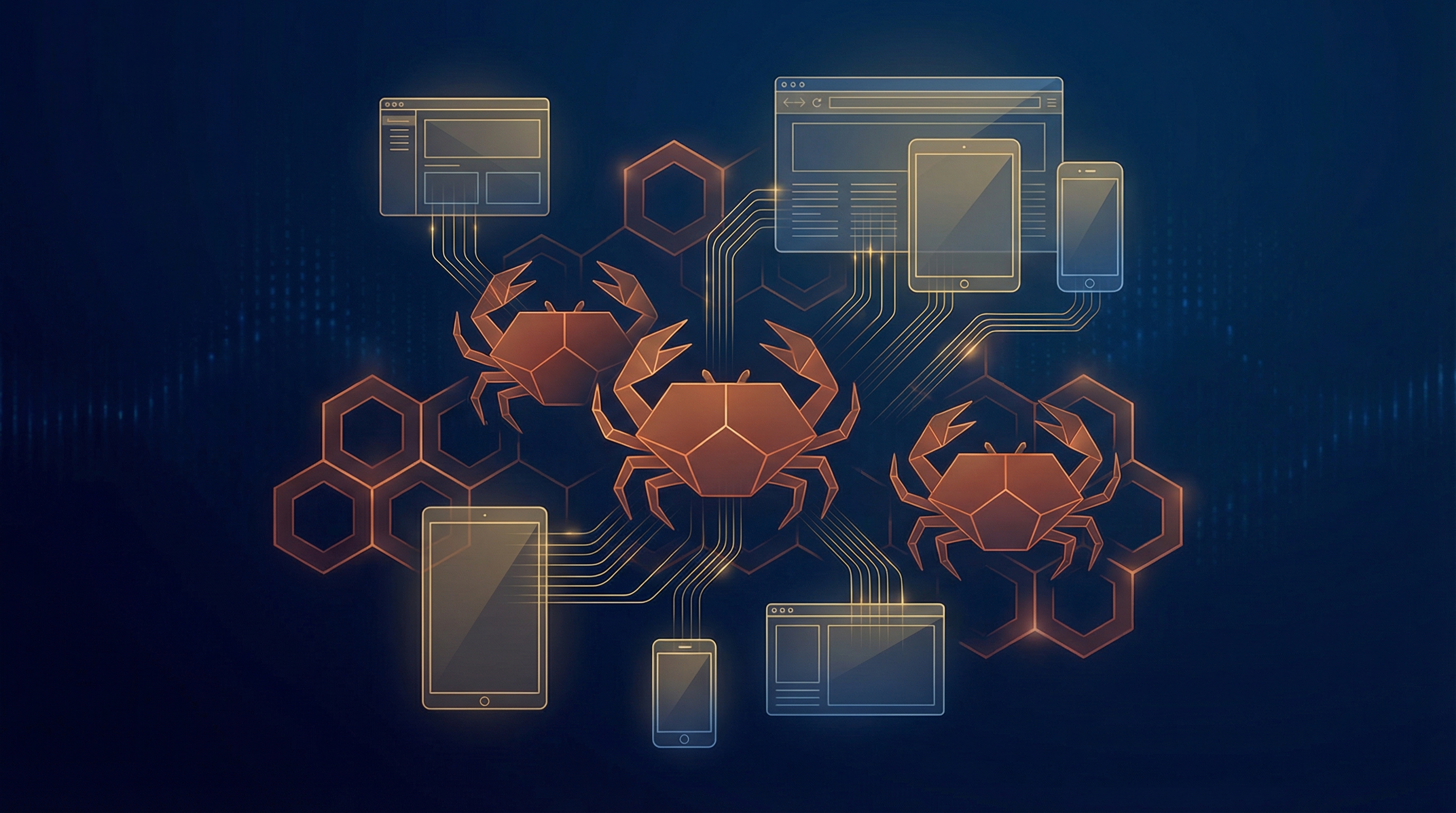 Abstract visualization of Tauri framework with rust-orange crab shell patterns transforming into app windows